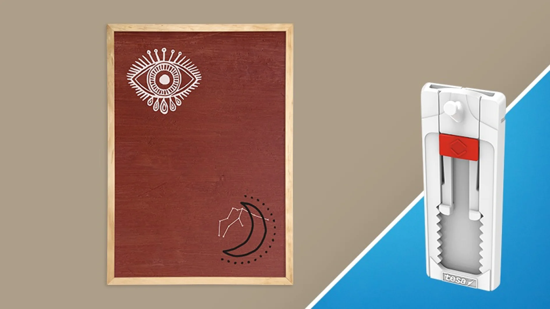 A wooden frame with a brown board showcasing a stylized eye and a crescent moon, featuring lines at the top left and bottom right corners. Next to it, a white and gray wall-hanging tool with a red grip is displayed against a blue background. (This text has been generated by AI)