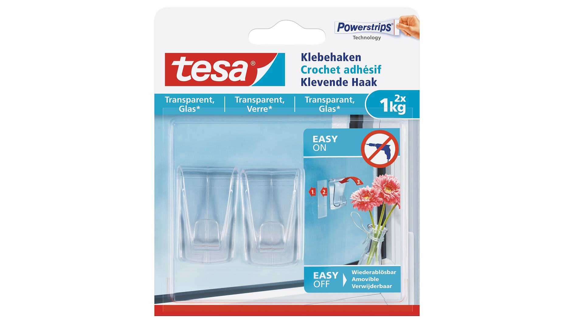 tesa® Crochet adhésif pour verre et surfaces transparentes 1kg - tesa