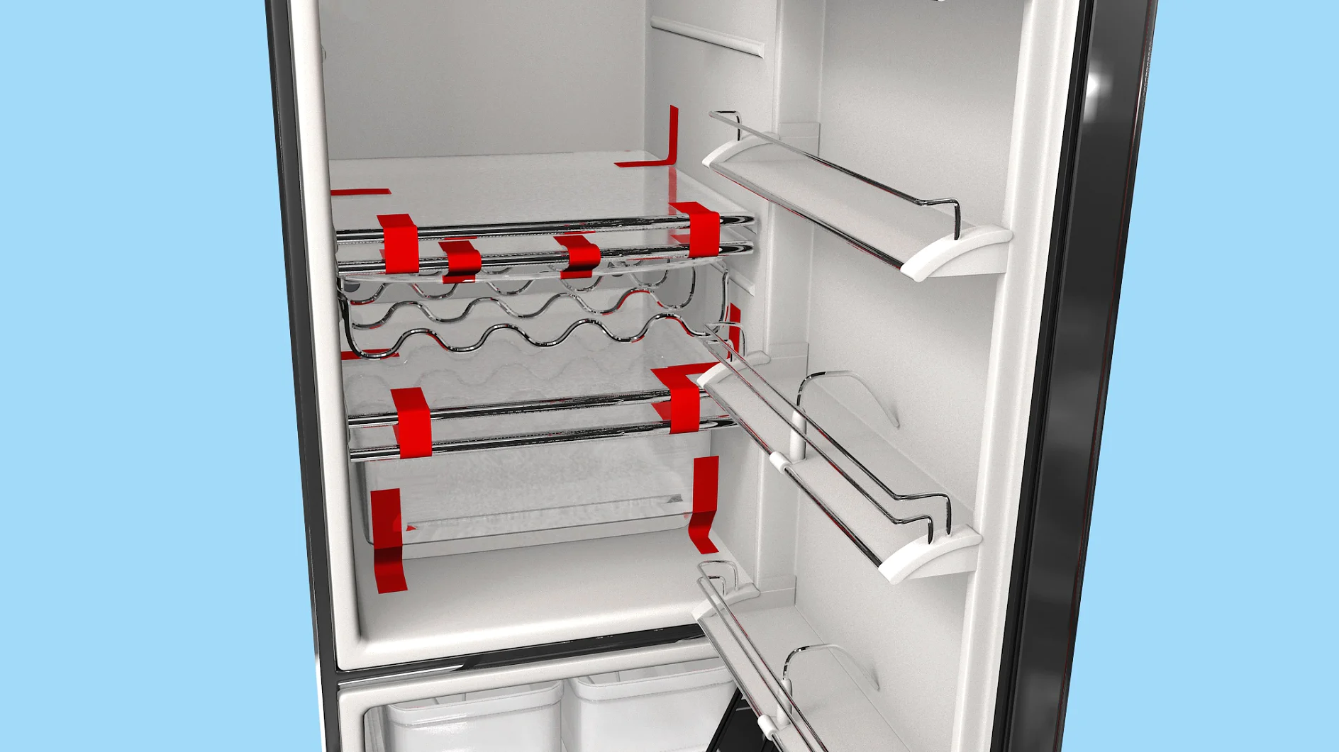 During transport glass shelves and loose bins are fixed with strapping tape.