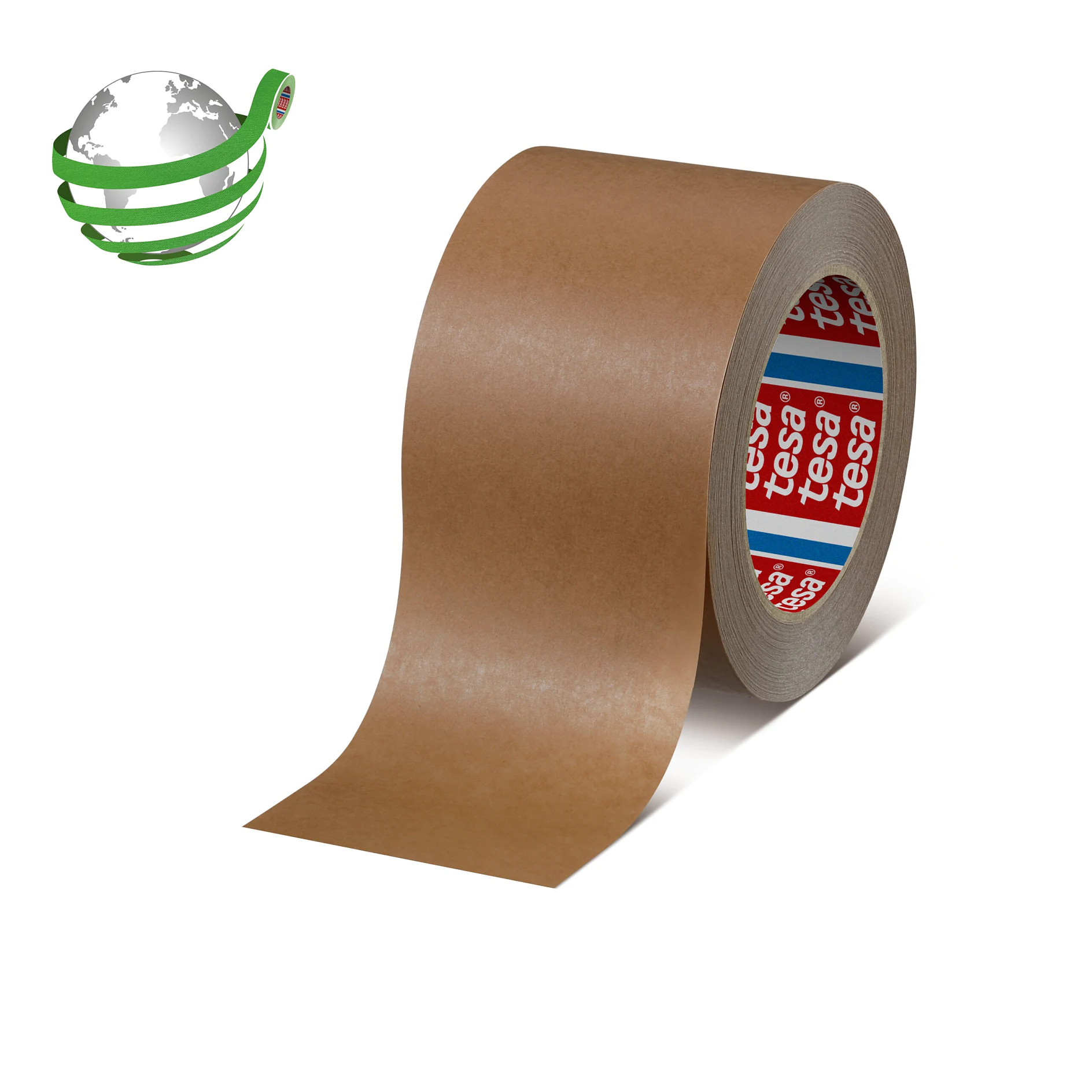 brown tesa packing tape roll with partially unrolled strip on white background and green globe logo in corner (This text has been generated by AI)