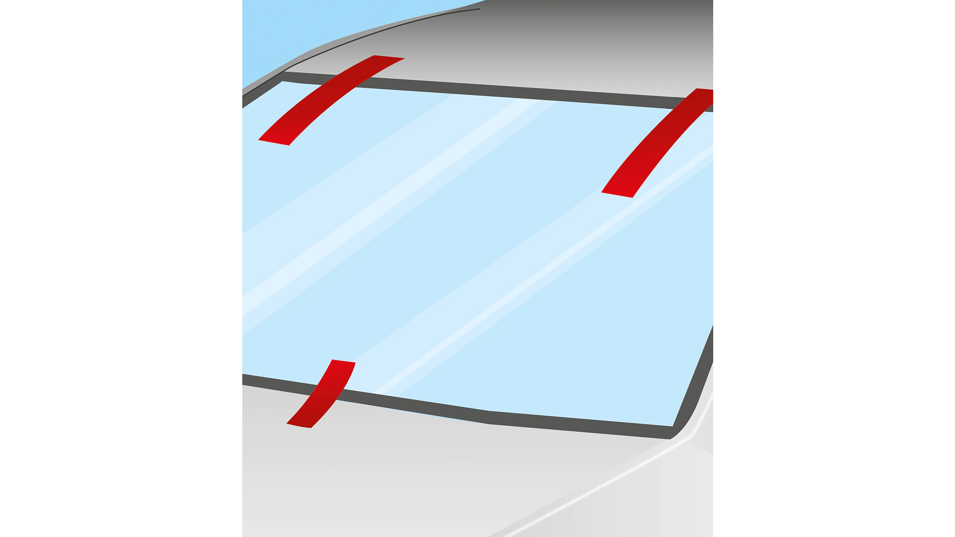 Illustration of a car windshield with red tesa tape marking areas on the glass. The car appears to be grey, and the sky in the background is a light blue. (This text has been generated by AI)