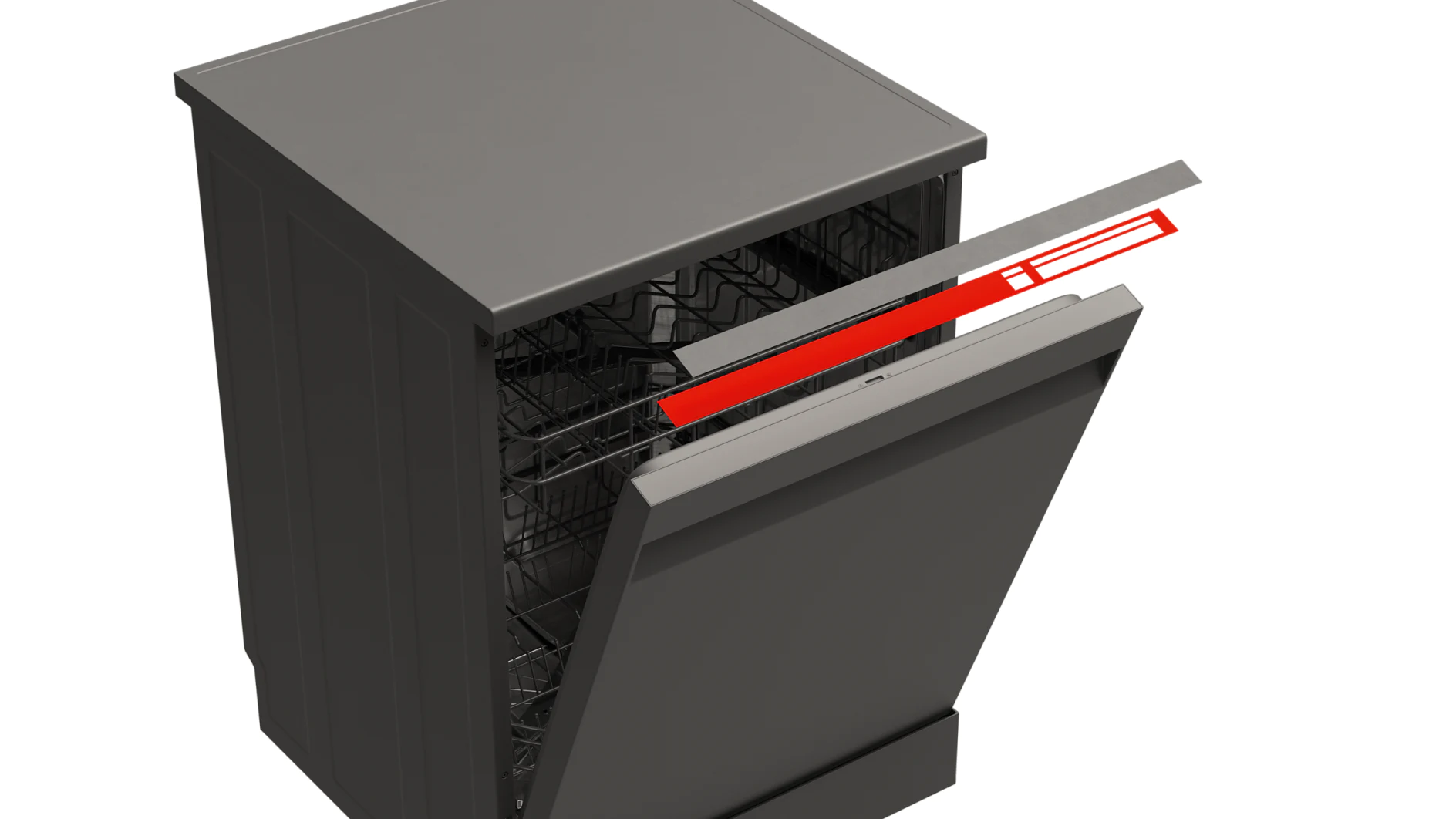 A gray dishwasher with its front panel partially open, revealing the upper rack. There is a horizontal red line extending from the door to the inside of the appliance, created using tesa tape. The background is plain black. (This text has been generated by AI)