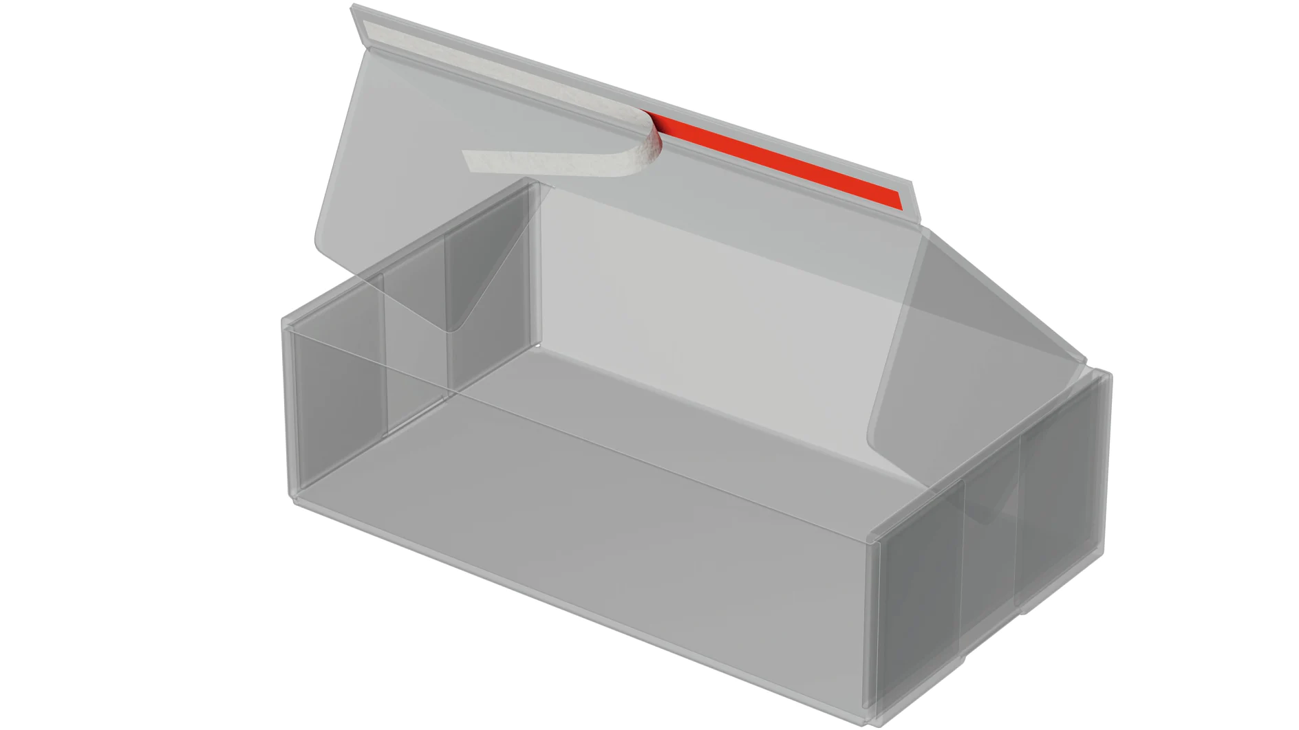 Image of a transparent, rectangular plastic box with an open hinged lid. The lid has a red tesa tape sealing strip and an attached, tucked-in tab for closure. The box appears to be designed for storage or organization purposes. (This text has been generated by AI)