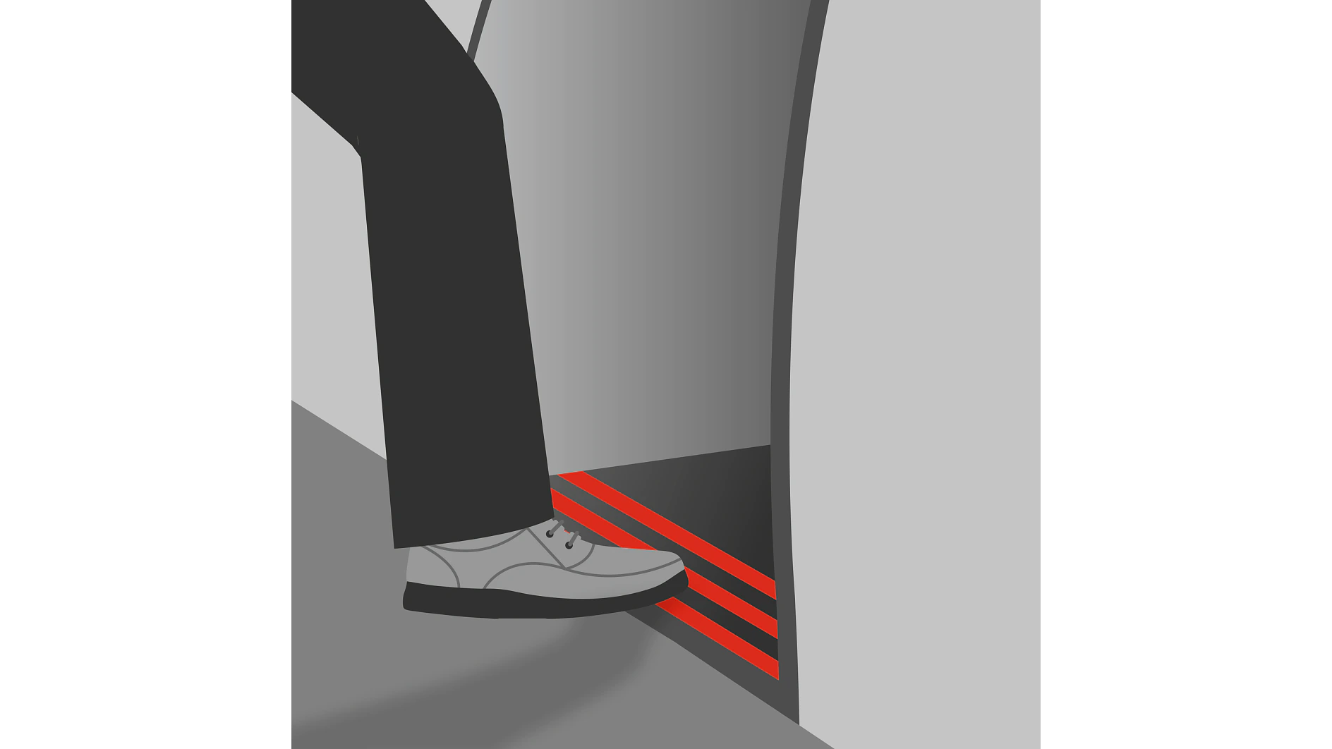 Illustration of a person in black pants stepping into a train with red warning stripes painted on the floor at the gap between the platform and the train door. (This text has been generated by AI)