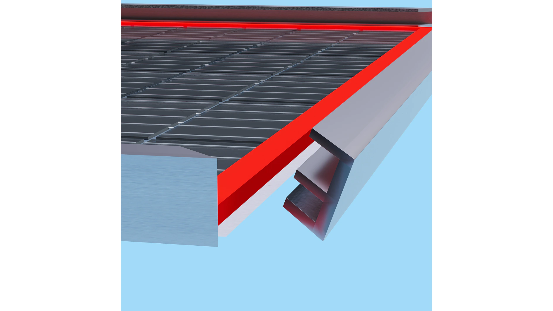 A digital rendering of a metal grating surface with a red border. A side view shows a metal frame and multiple parallel slats. The background is a solid light blue color. The image focuses on the edge and structure of the grating, which is enhanced using tesa tape along its edges for added clarity and definition. (This text has been generated by AI)