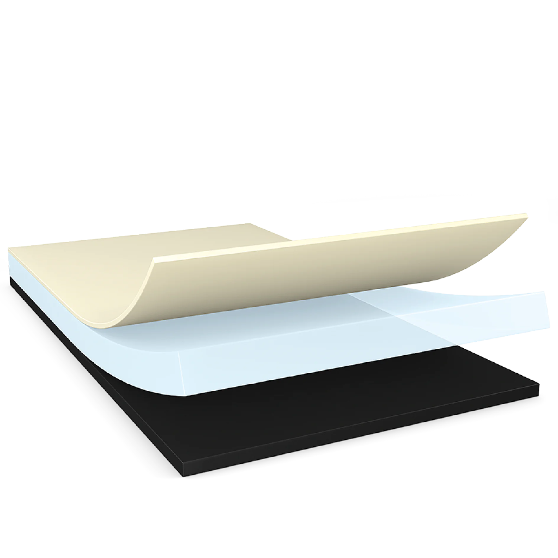 tesa adhesive tape layers separated showing beige top layer, transparent middle layer, and black bottom layer on white background (This text has been generated by AI)