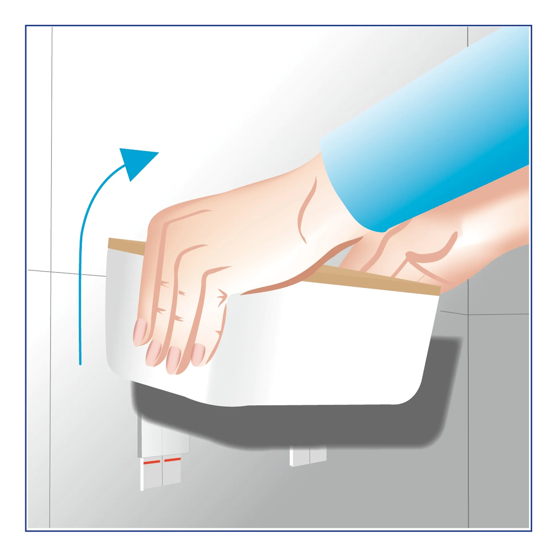 Illustration of a hand holding a rectangular white object with a wooden lid, placing it on a gray wall with two protruding hooks using tesa tape. An arrow indicates the objects upward movement toward the hooks. The arm is clothed in a blue sleeve. (This text has been generated by AI)