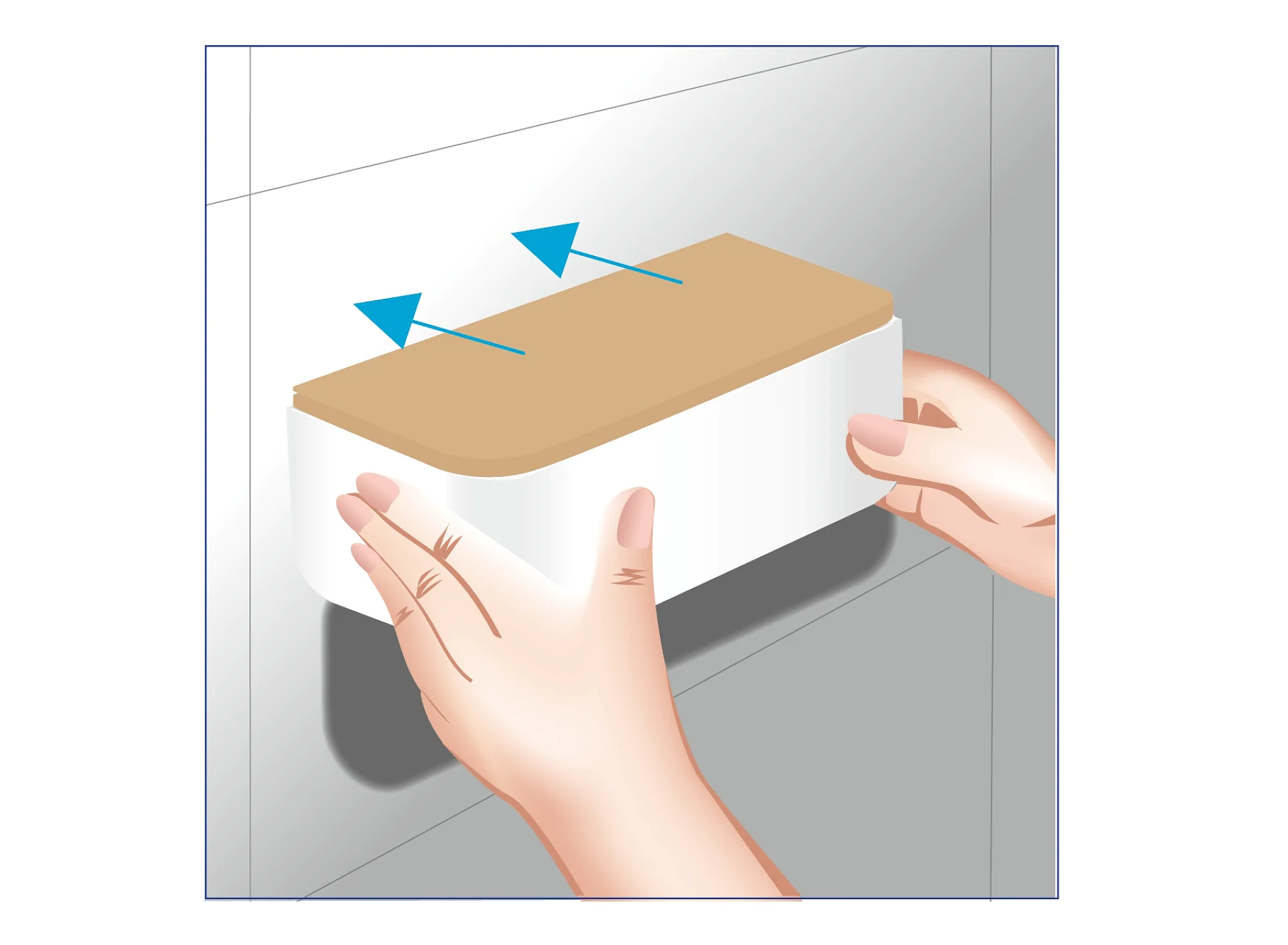Illustration of two hands placing a rectangular object with a brown top and white sides onto a wall using tesa tape. Blue arrows above the object indicate upward motion. The wall is gray, and the object is outlined in blue. (This text has been generated by AI)