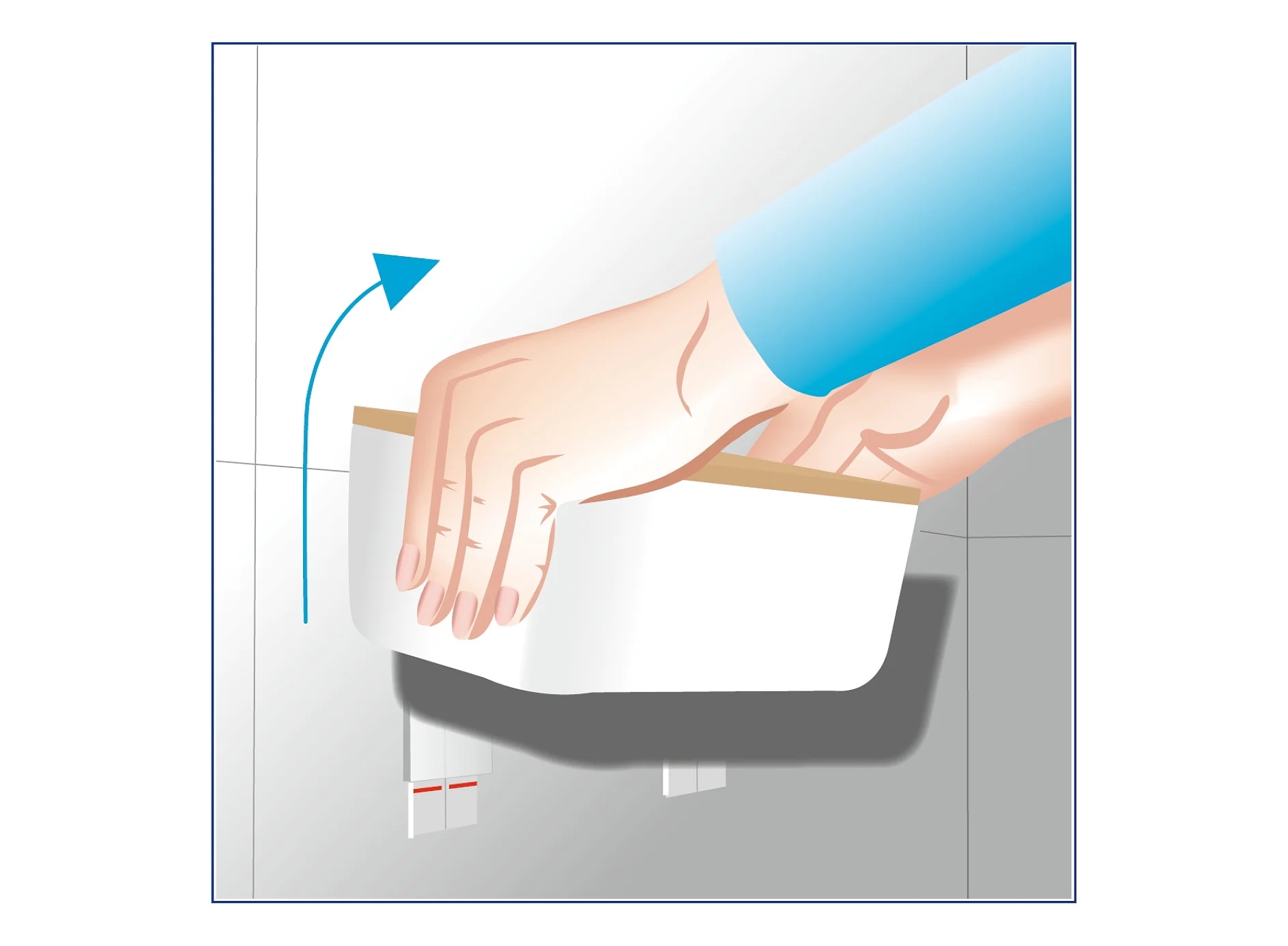 Illustration of a hand pushing a rectangular box against a tiled wall using tesa tape. An upward arrow indicates movement or removal. The background is light with a grid-like pattern. (This text has been generated by AI)