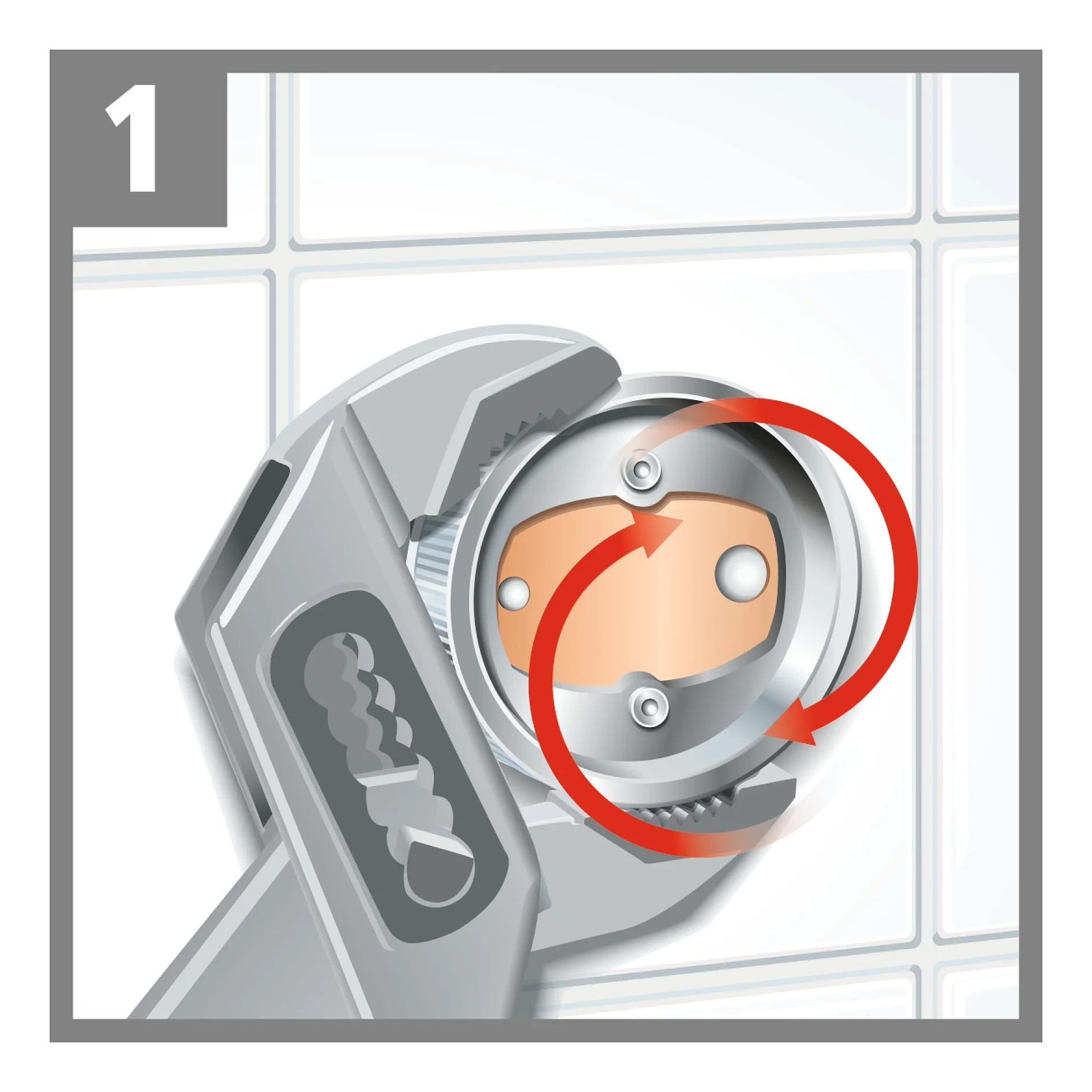 An adjustable wrench is being used to turn a round metal object, possibly a plumbing fixture. Two red arrows indicate a counterclockwise rotation. The background shows a tiled surface. (This text has been generated by AI)