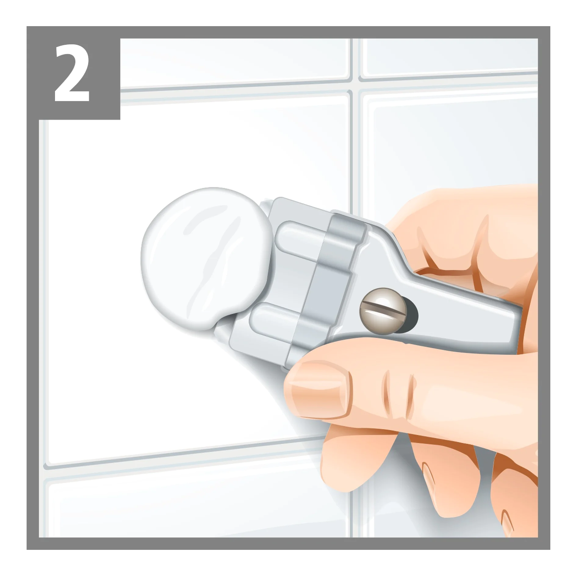 A hand holds a caulking tool applying a bead of white caulk to a white tiled surface. The tool is positioned at an angle, and the tiles have visible grout lines. A number 2 is in the upper left corner, and tesa tape is used to achieve clean edges. (This text has been generated by AI)