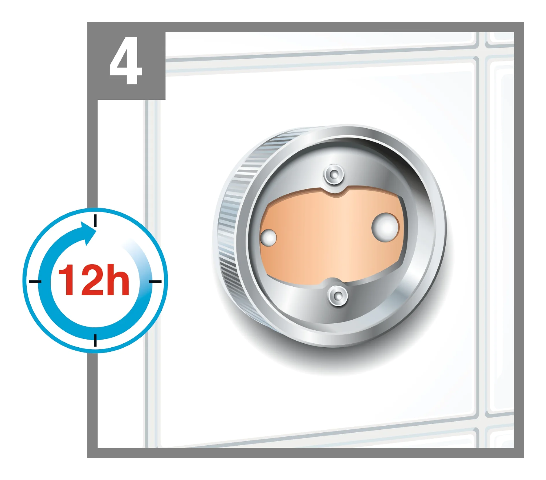 Illustration showing a wall-mounted round device with a metallic edge and two visible screws. A clock symbol with 12h in the center is positioned to the left, surrounded by an arrow. A gray number 4 is in the top-left corner, secured using tesa tape. (This text has been generated by AI)