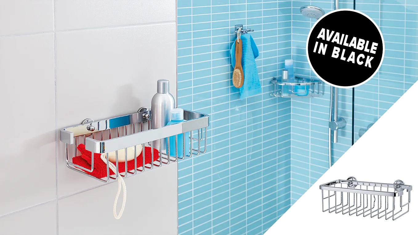 A bathroom scene with a chrome shower caddy holding shampoo, a sponge, and a red cloth. The caddy is mounted on blue tiled walls using tesa tape. An inset shows a black version of the caddy. A label reads Available in Black. (This text has been generated by AI)
