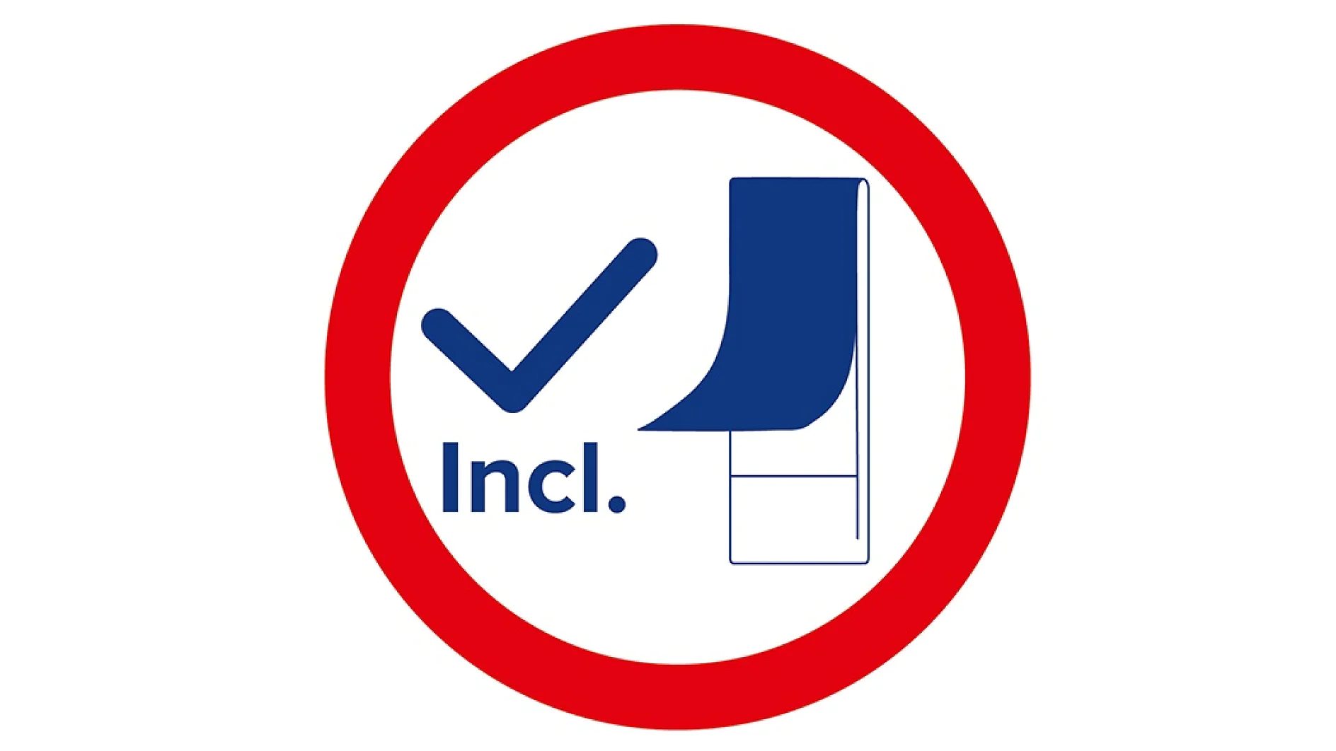A red circle surrounds a blue checkmark and the text Incl. next to a stylized image of a paper towel roll featuring tesa tape. (This text has been generated by AI)