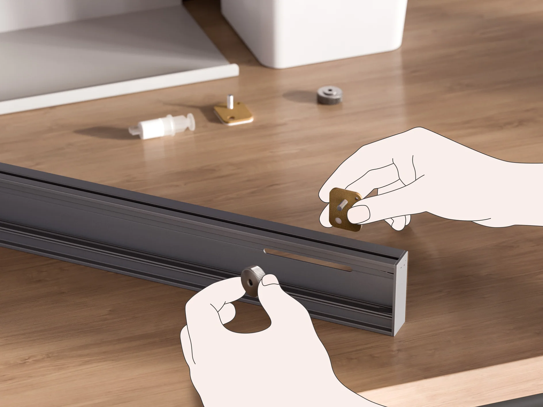 Two hands assemble components on a gray metal rail on a wooden surface. Several small parts, including screws and rectangular pieces, are scattered nearby. A roll of tesa tape is used in the process. A white container is partially visible at the back of the workspace. (This text has been generated by AI)