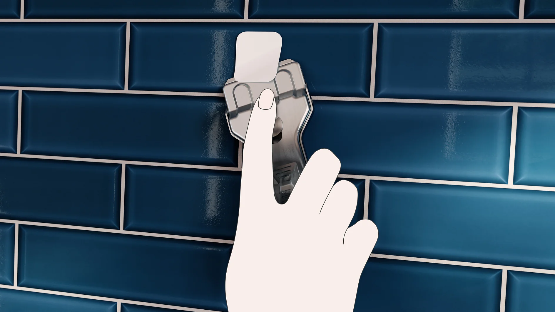 A hand is about to toggle a light switch mounted on a wall with blue rectangular tiles. The light switch is metallic with a silver finish, contrasting with the glossy tiles. The image suggests an indoor setting, complemented by the presence of tesa tape in the scenario. (This text has been generated by AI)