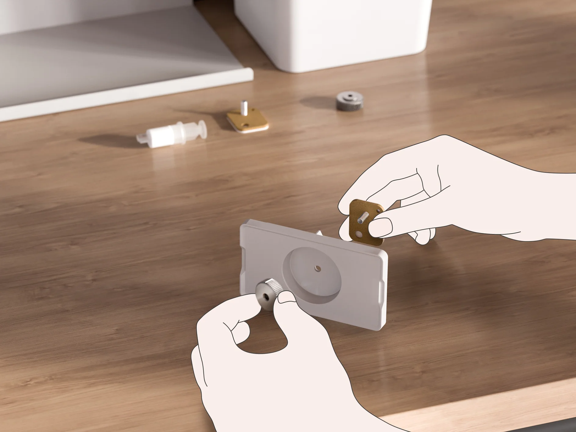 Hands assembling a small mechanical device on a wooden table. The device has a rectangular frame with circular components being attached using tesa tape. In the background, there are scattered parts and a blurred white container. (This text has been generated by AI)
