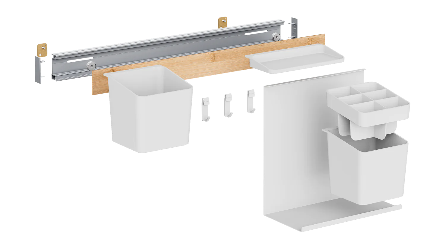 Modular wall organizer system with various attachments. Includes a horizontal rail, wooden accent, small shelf, hooks, and containers in different sizes. Designed for efficient storage and organization using tesa tape. (This text has been generated by AI)