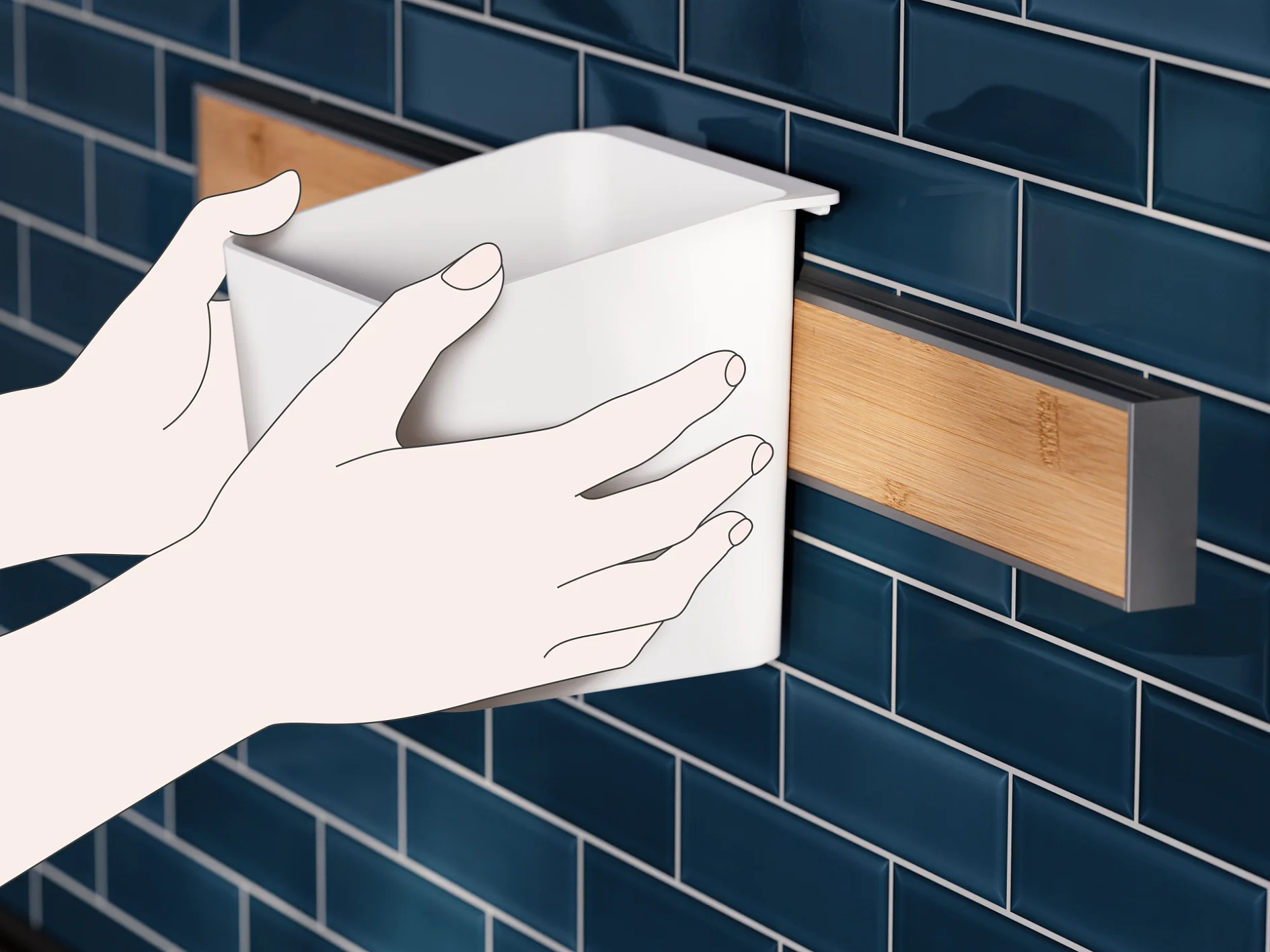 Illustration of hands placing a white container on a wooden and metal track mounted on a wall with dark blue subway tiles using tesa tape. (This text has been generated by AI)
