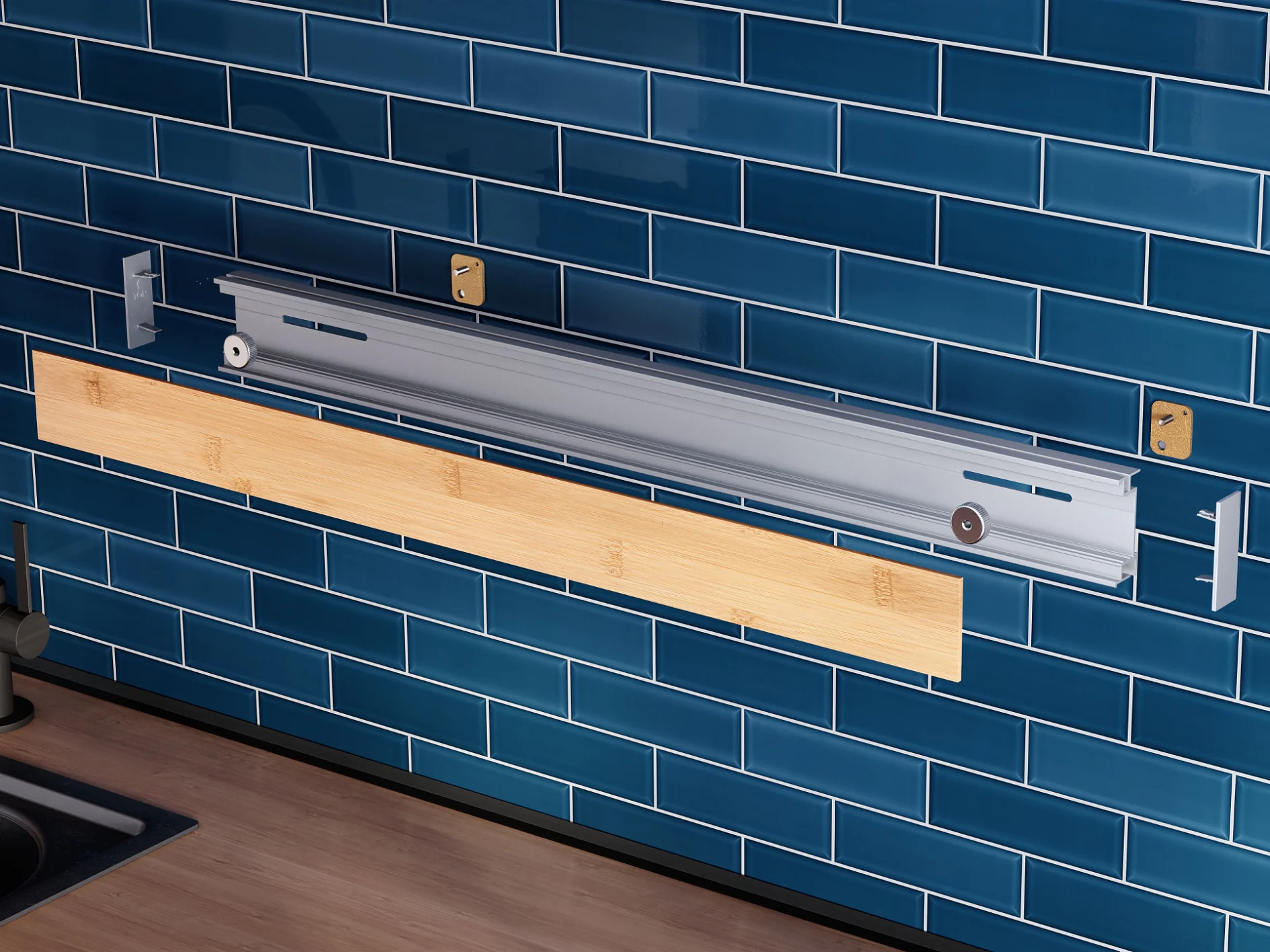 A kitchen sink backsplash with blue subway tiles features an installed rail system. The rail includes hooks for hanging objects and a wooden holder, secured in place using tesa tape. A black kitchen faucet and sink are partially visible on the left. (This text has been generated by AI)