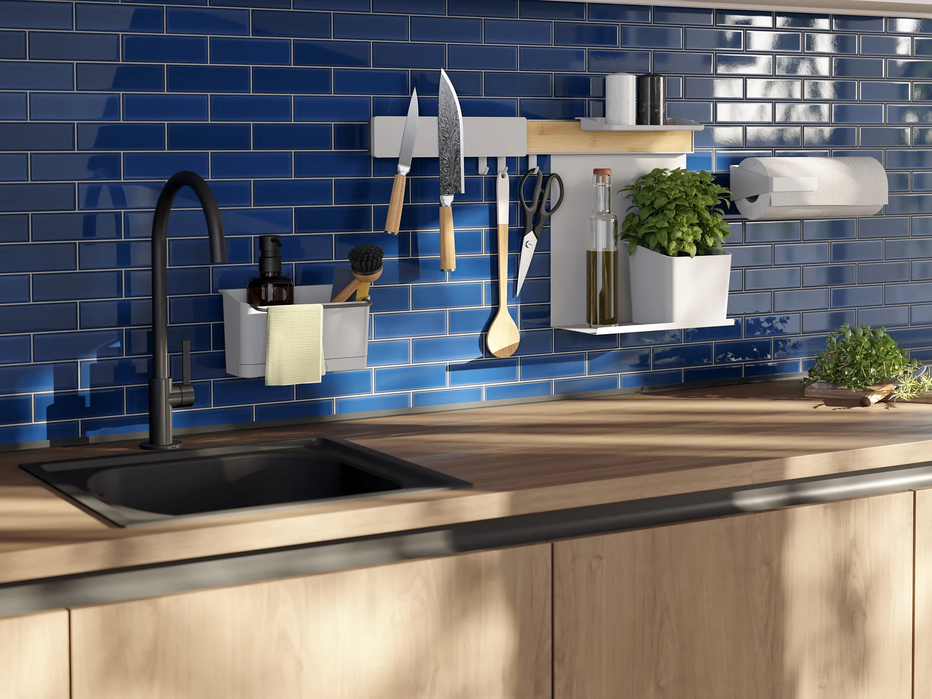 A modern kitchen with a wooden countertop and a black sink. The backsplash features glossy blue subway tiles. Utensils, a knife set, and herbs are neatly organized on a rail with tesa tape, while sunlight streams through a nearby window. (This text has been generated by AI)