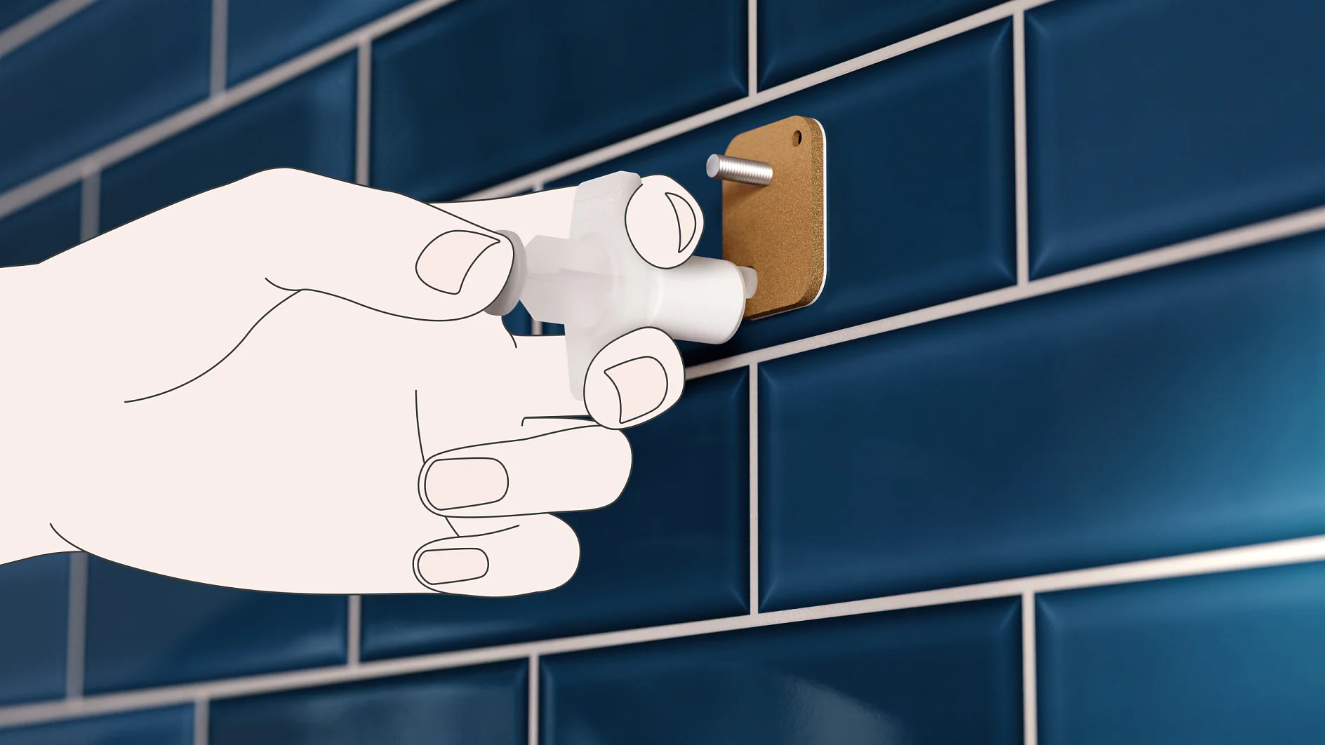 An illustrated hand is shown turning a white knob affixed to a golden rectangular plate on a wall tiled with glossy blue tiles, secured using tesa tape. (This text has been generated by AI)