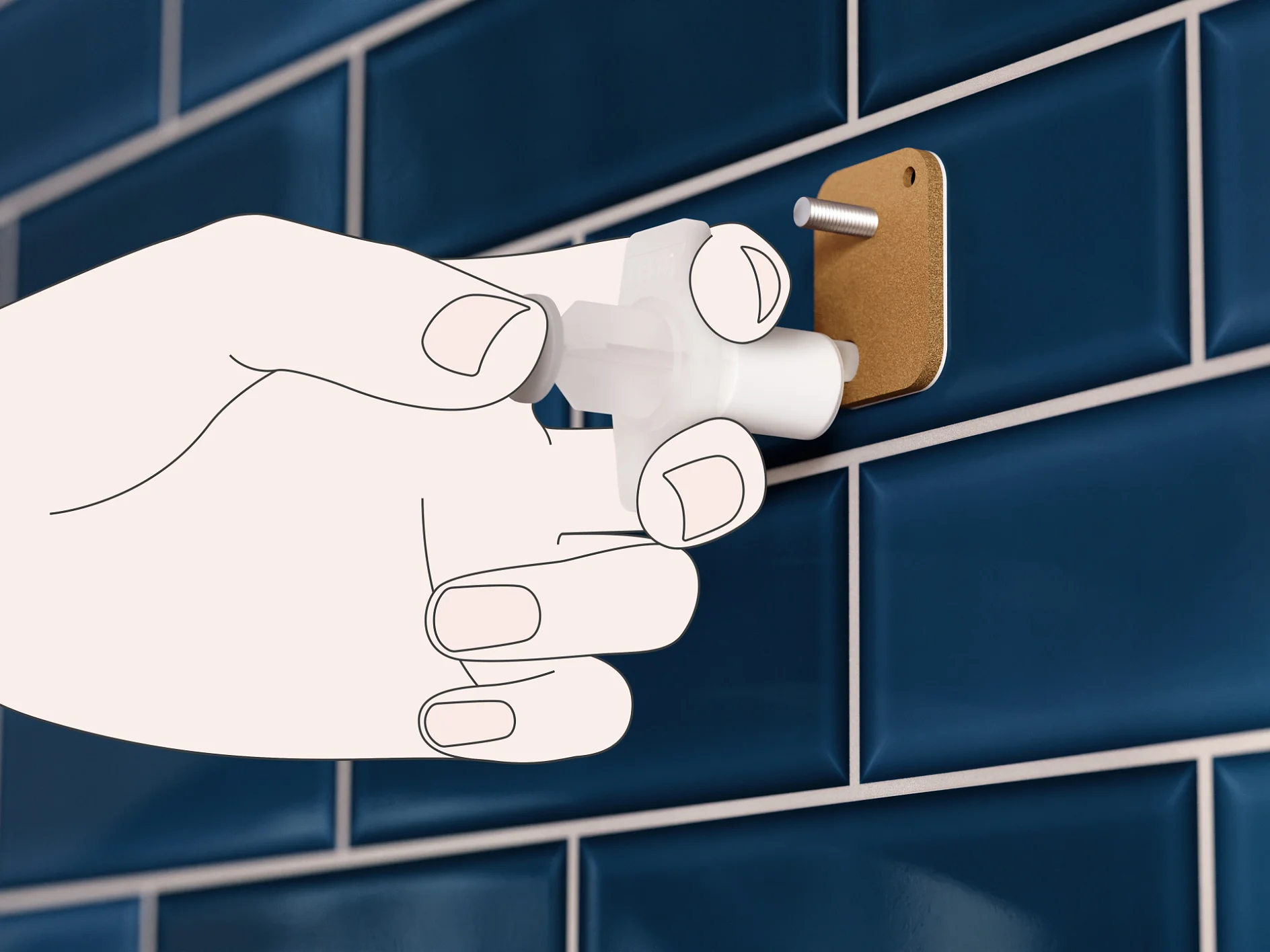 An illustrated hand is shown turning a white knob affixed to a golden rectangular plate on a wall tiled with glossy blue tiles, secured using tesa tape. (This text has been generated by AI)