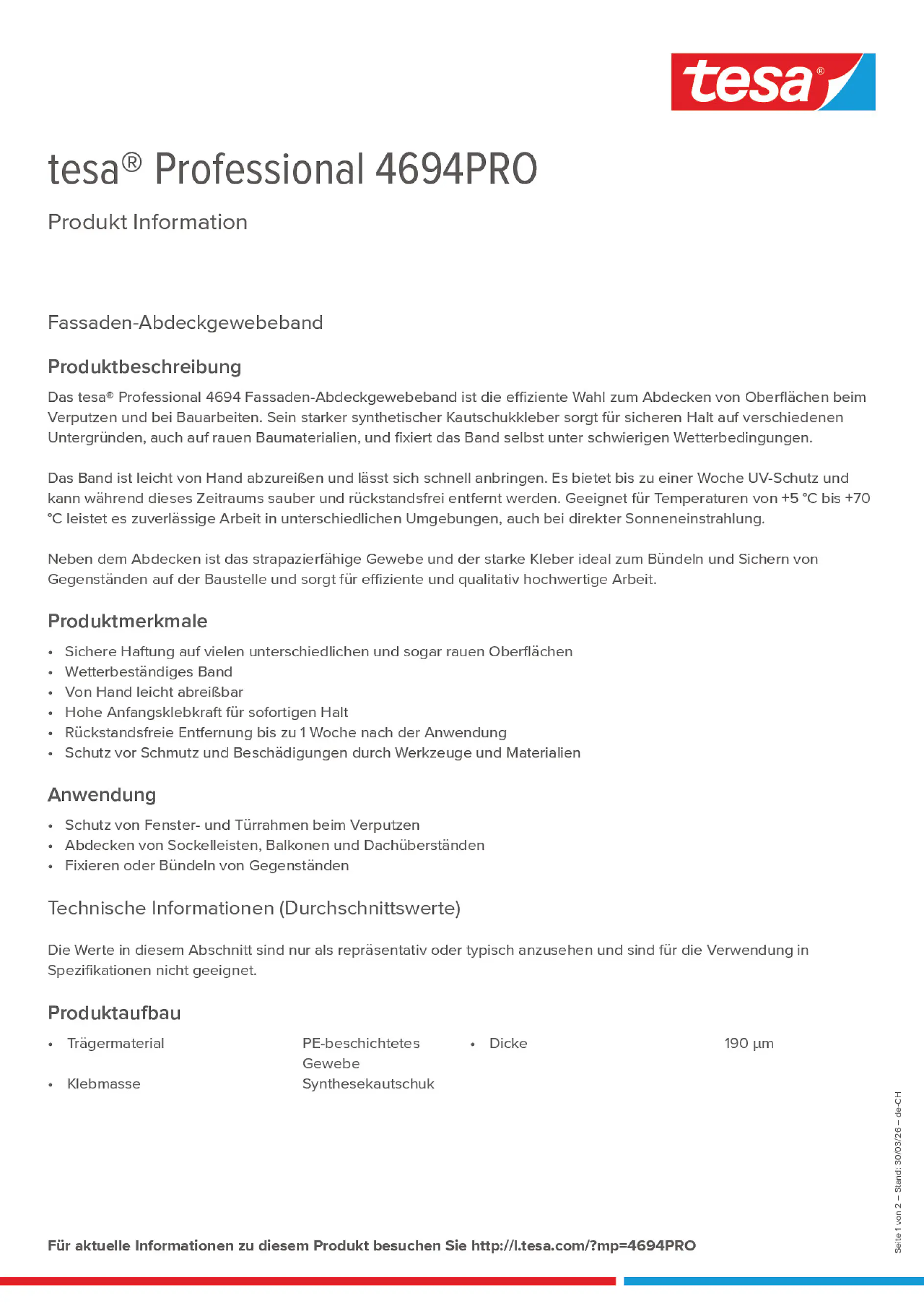 Product information_tesa® Professional 4694PRO_de-CH_fr-CH_it-CH