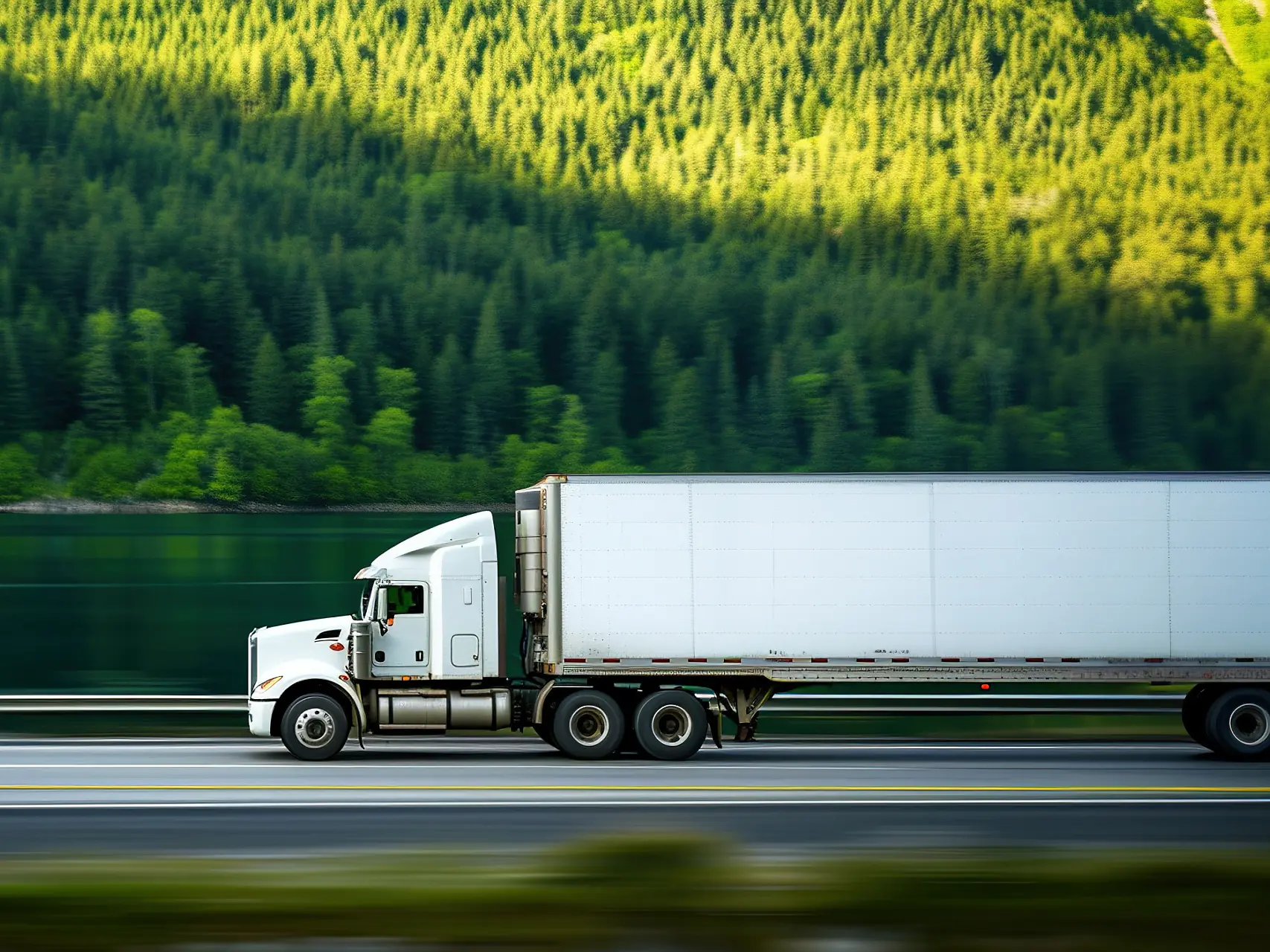 A white semi-truck with a long trailer moves along a highway bordered by a lush green forest. The background features a lake reflecting the trees, and the scene is set in daylight. (This text has been generated by AI)