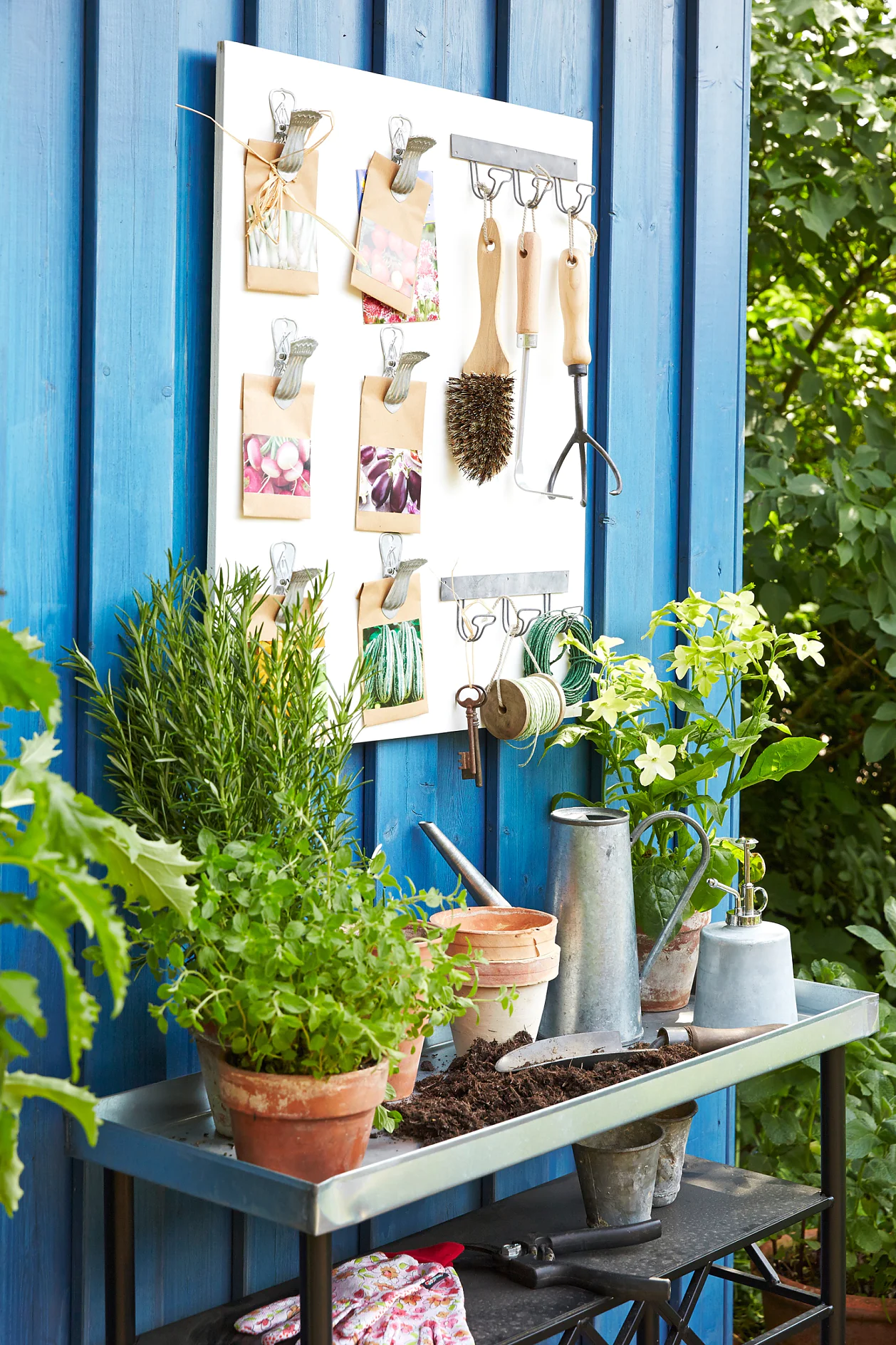 Keep your packets of seeds, and garden tools, in perfect order by arranging them on a white-varnished wooden board. Ultra strong double-sided tape can be used to fix decorative metal clasps and metal hook strips firmly in place.