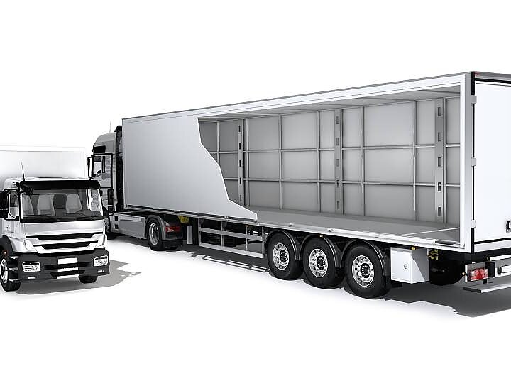 Heres a 3D rendering of two trucks on a white background. One is a smaller delivery truck, and the other is a larger semi-trailer with its side panel partially cut away to reveal a series of empty compartments inside. Both vehicles are white, and their construction employs tesa tape for secure assembly. (This text has been generated by AI)