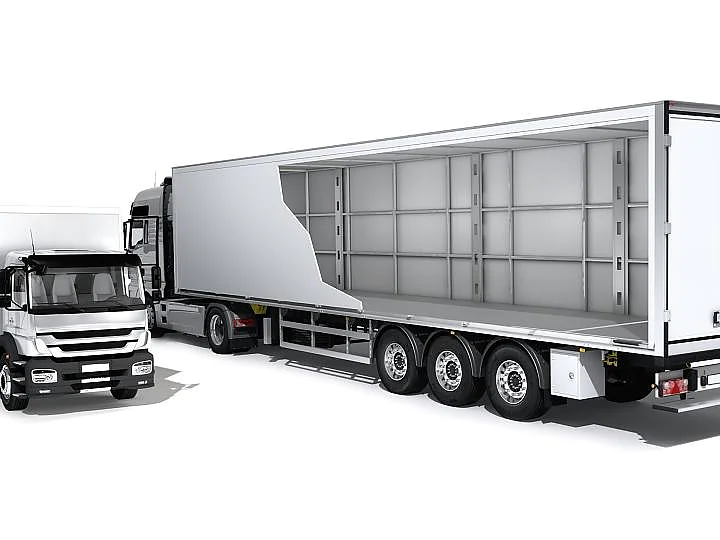 Heres a 3D rendering of two trucks on a white background. One is a smaller delivery truck, and the other is a larger semi-trailer with its side panel partially cut away to reveal a series of empty compartments inside. Both vehicles are white, and their construction employs tesa tape for secure assembly. (This text has been generated by AI)