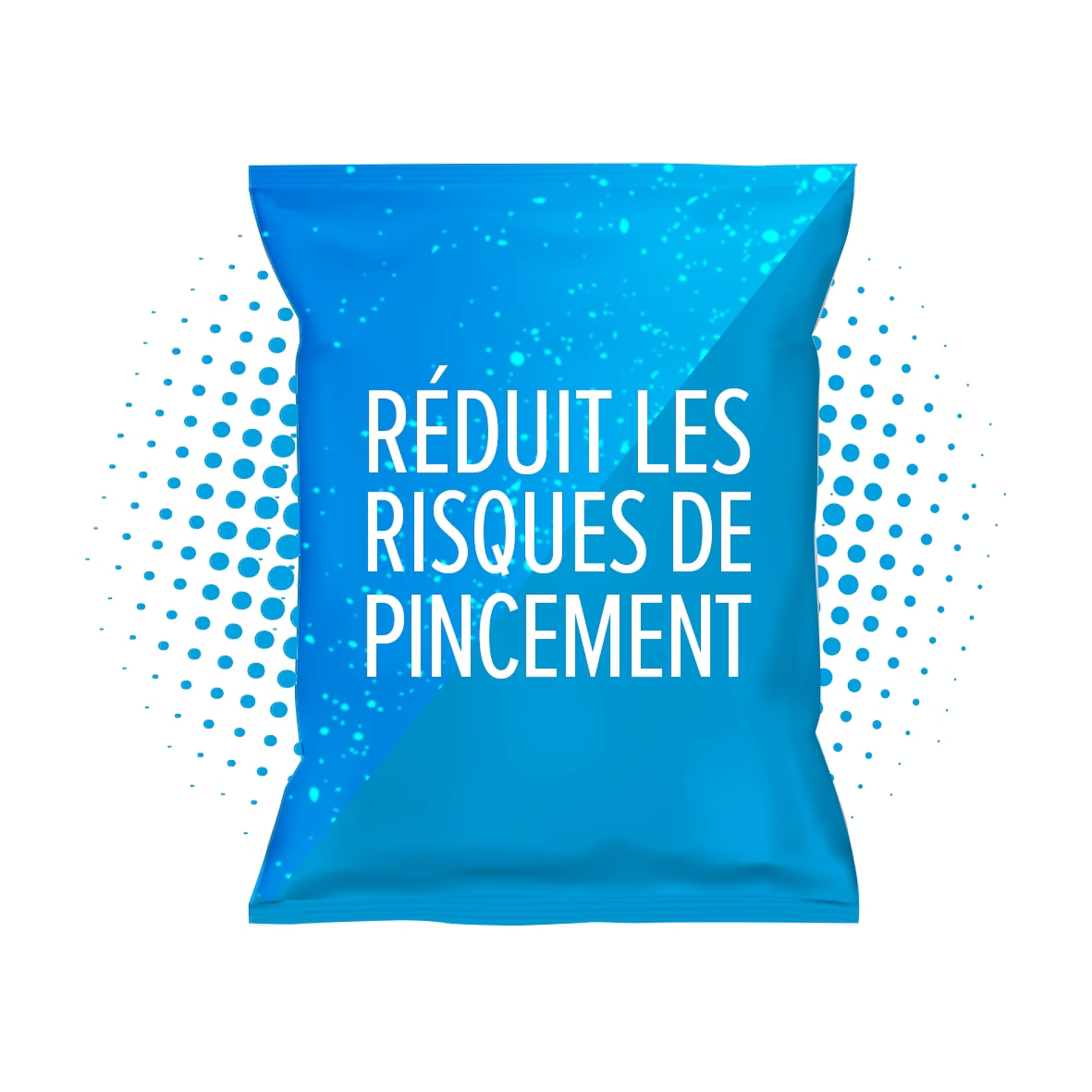 Emballage bleu avec texte blanc en français « RÉDUIT LES RISQUES DE PINCEMENT ». Le fond présente un motif de petits points bleus, mettant en évidence le ruban adhésif tesa. (This text has been generated by AI)