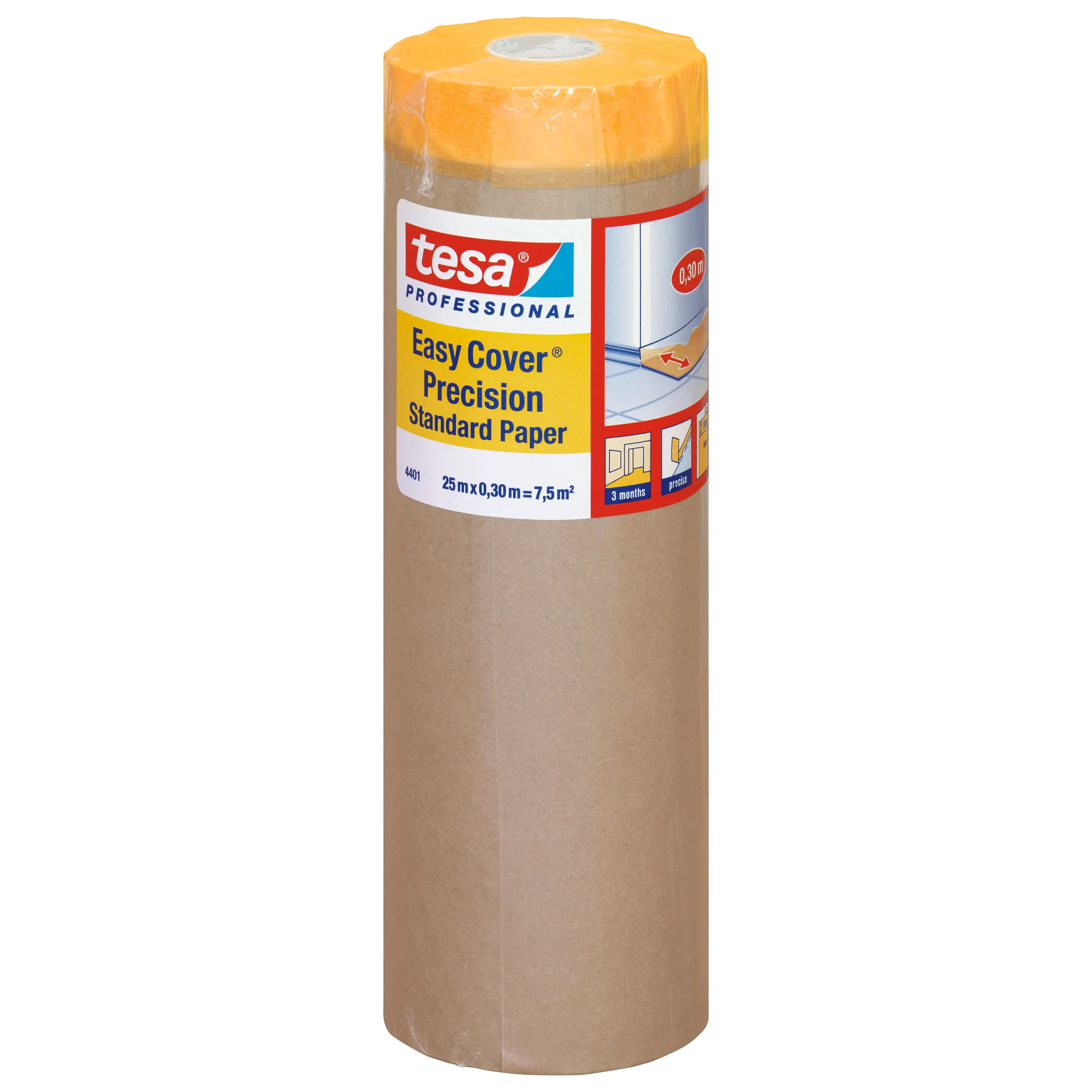 tesa Easy Cover Precision standard paper roll with yellow plastic dispenser, used for masking and surface protection in painting tasks. (This text has been generated by AI)