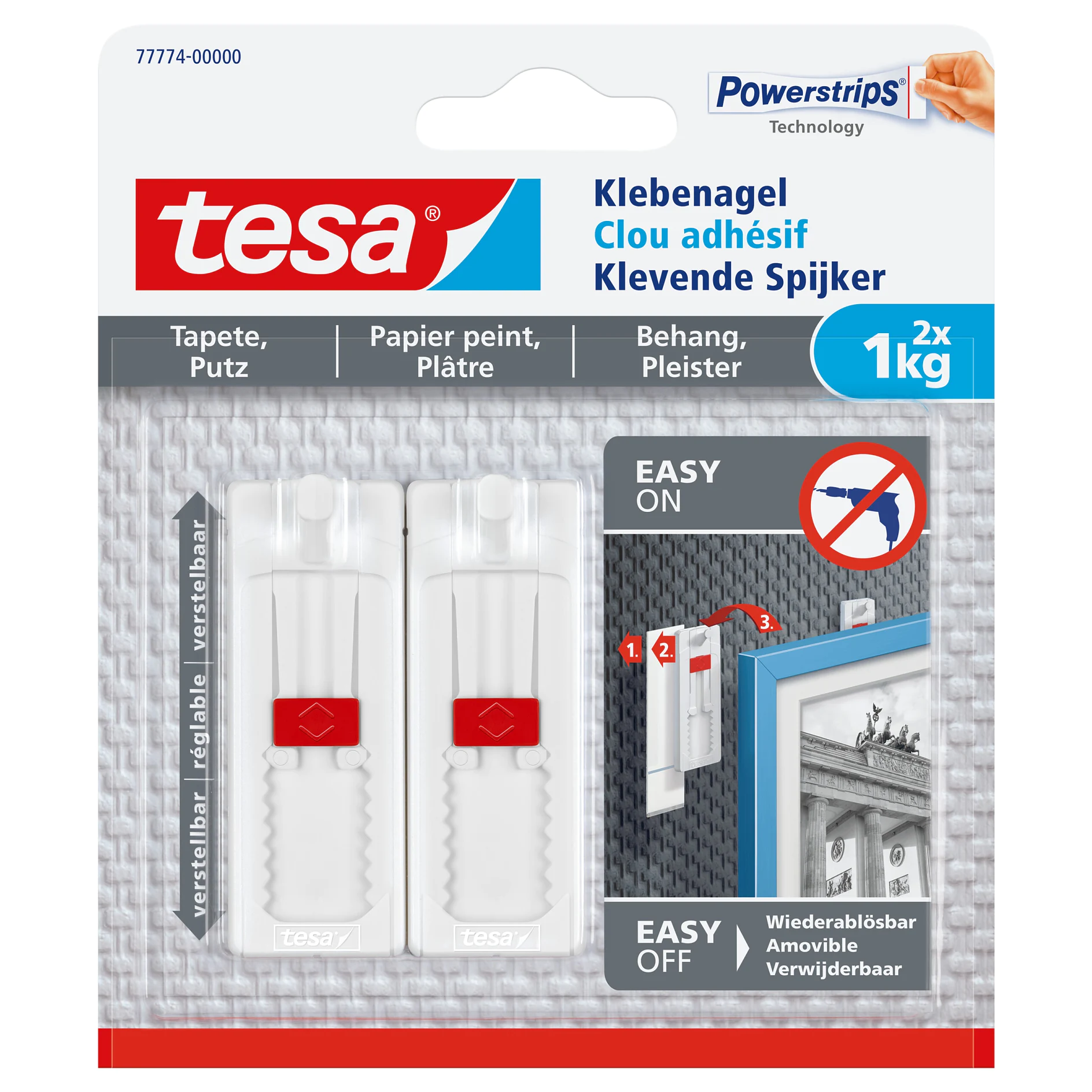 tesa Powerstrips adhesive hooks for walls, indoor use, holding up to 1kg, shown with hooks mounted on tiled wall near a mirror. (This text has been generated by AI)
