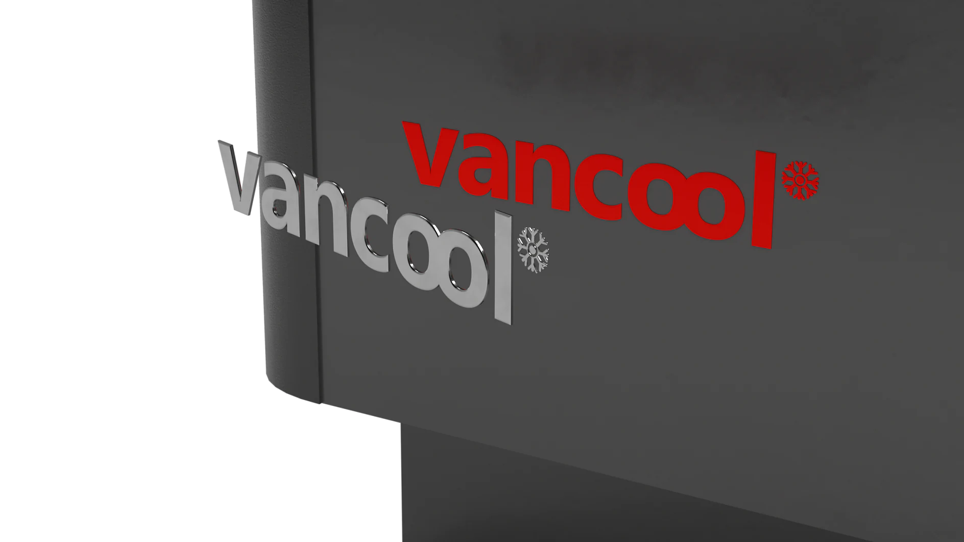 Close-up of a dark surface featuring the word vancool in large metallic letters on the left. The same word appears in smaller red letters on the right. Two snowflake symbols are positioned near the letters. (This text has been generated by AI)