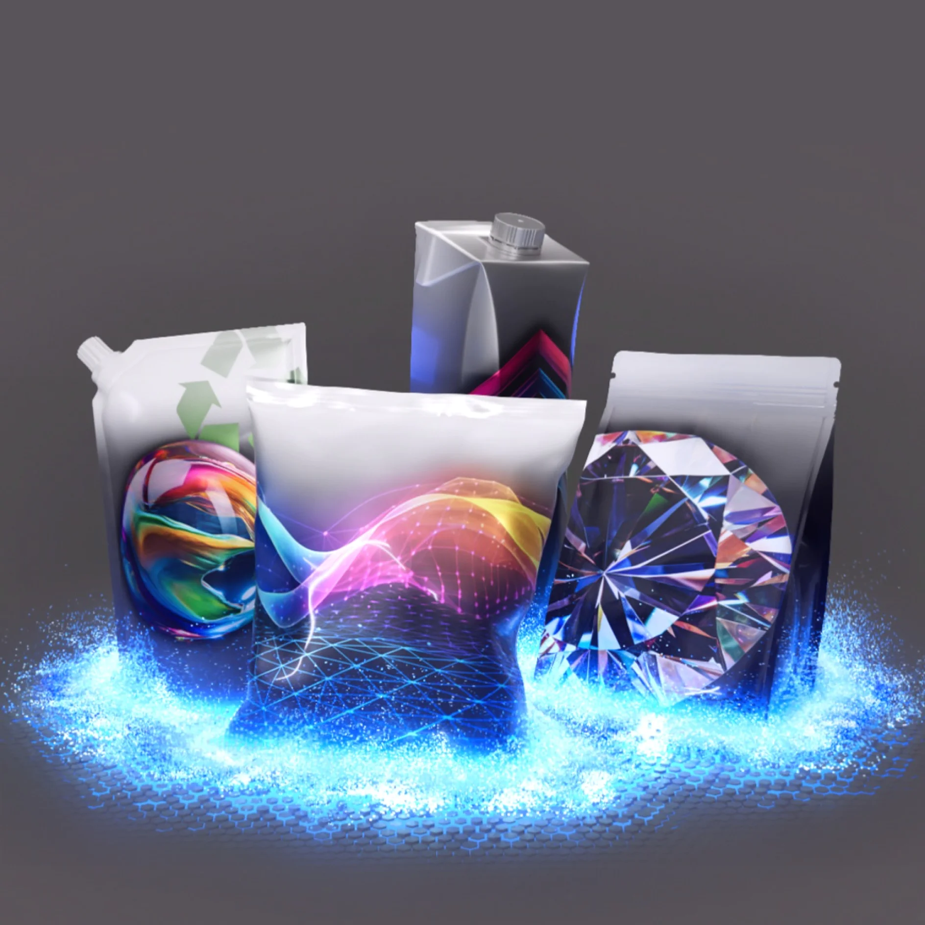 Various futuristic packaging designs displayed on a glowing blue surface. The packages feature vibrant, abstract digital art, including colorful waves, geometric patterns, and a stylized diamond. The background is a gradient gray. (This text has been generated by AI)