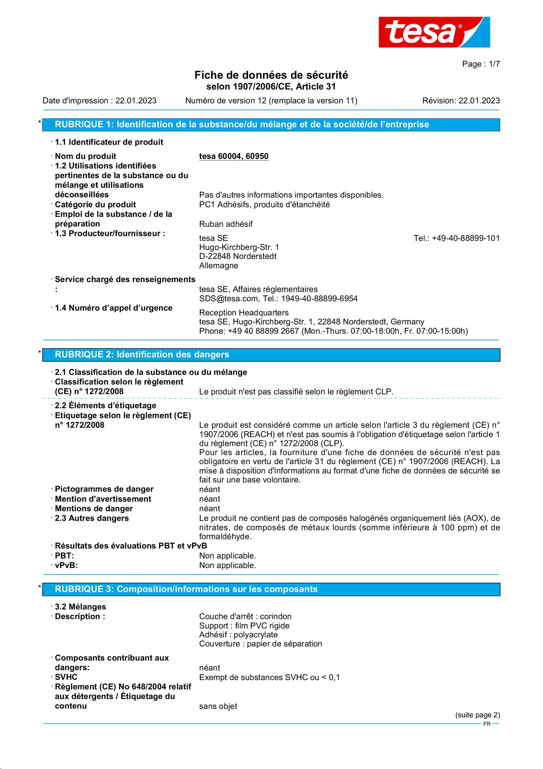 Safety data sheet_tesa® Professional 60950 / 60952_fr-FR_v12