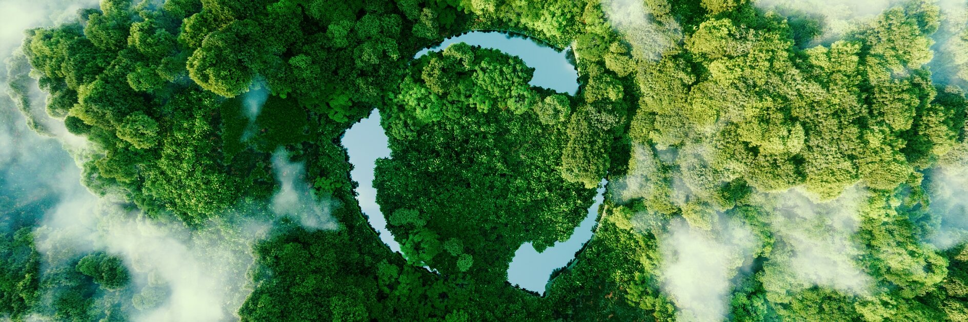 Aerial view of a lush green forest with thick tree canopy, partially obscured by scattered white clouds. A circular clearing in the center reveals patches of blue water, creating a striking contrast against the vivid greenery. (This text has been generated by AI)