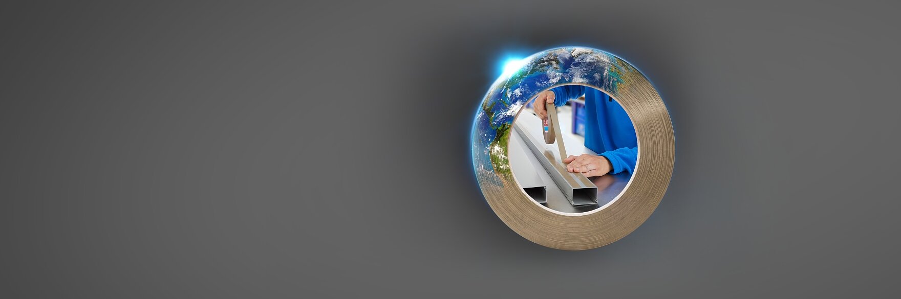A circular framed image is displayed against a plain gray background. Inside the frame, a person in a blue shirt is holding a steering wheel. The scene also shows palm trees and a clear sky in the background.