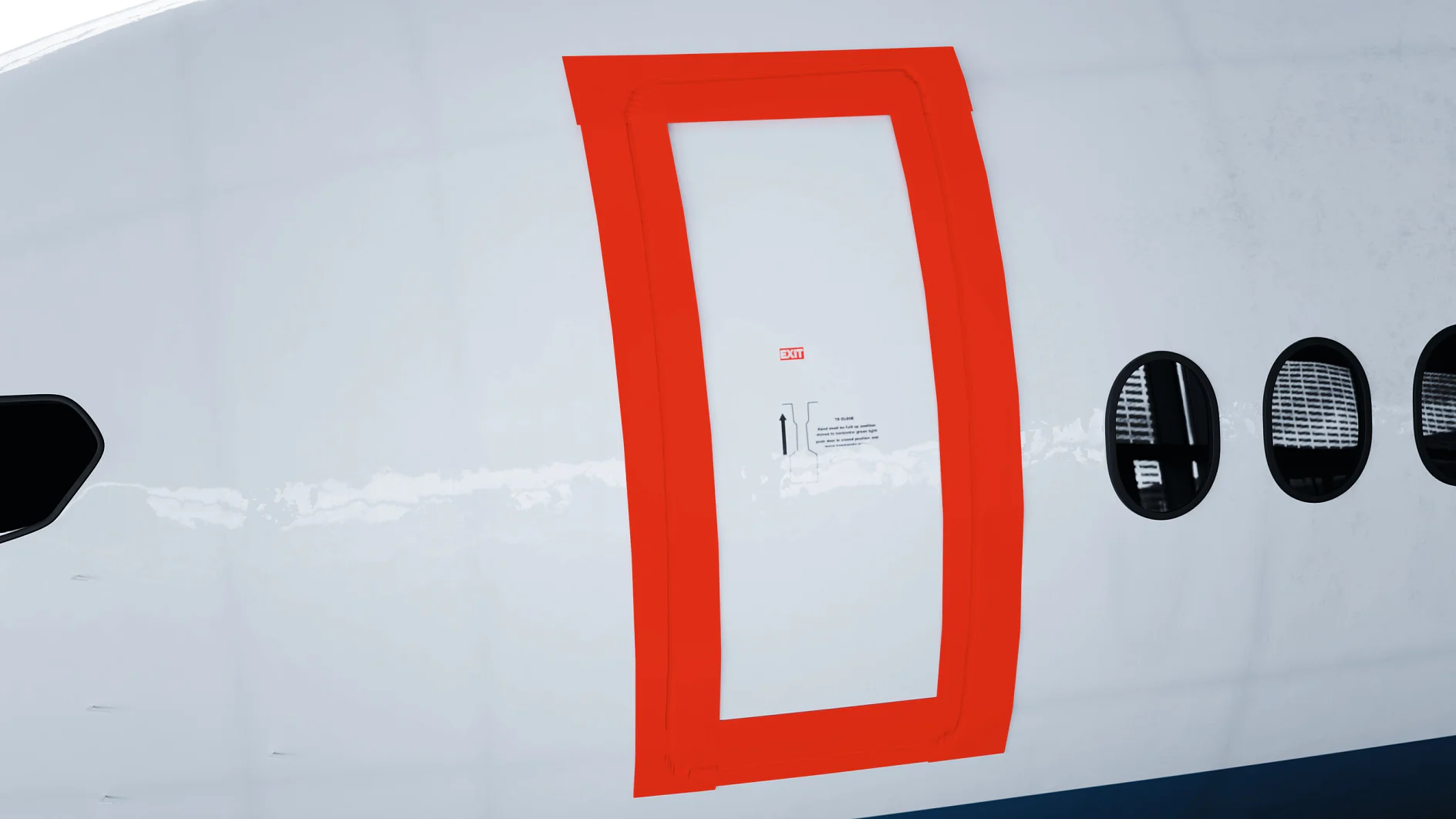 red and gray airplane emergency exit windows on white fuselage with tesa logo on red window frame (This text has been generated by AI)