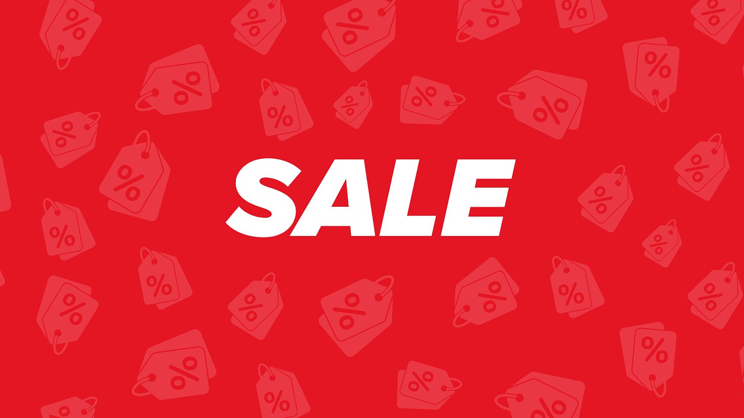 Red promotional banner featuring the word SALE in bold white text at the center. The background is adorned with a repetitive pattern of tesa tape and percentage symbols, all in a lighter red shade. (This text has been generated by AI)