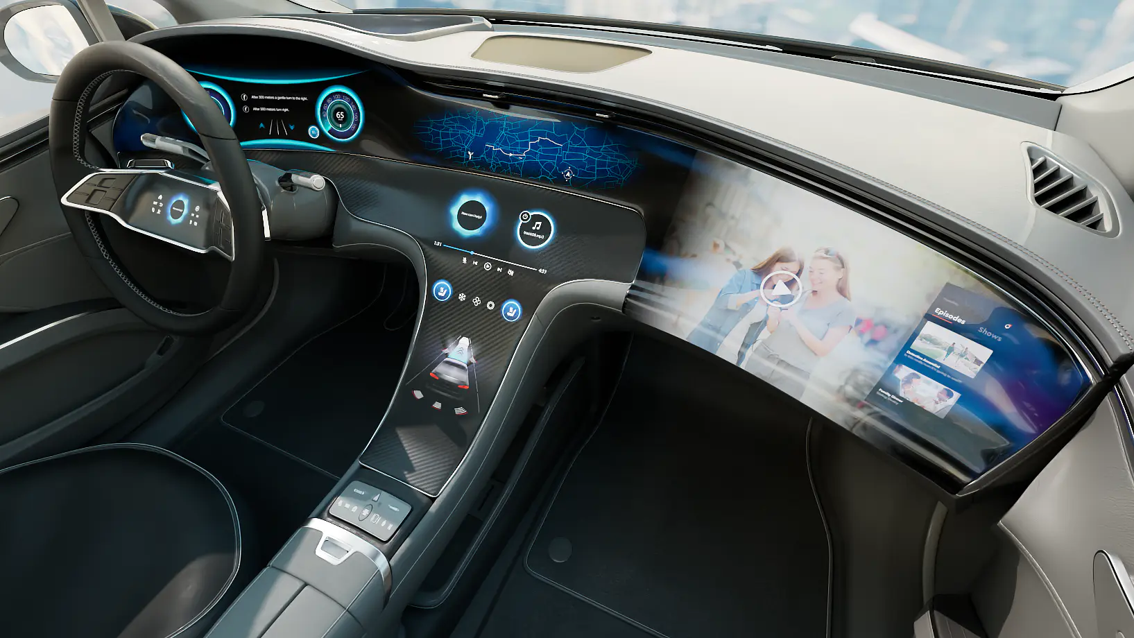 Intérieur de voiture futuriste comprenant un tableau de bord numérique avec deux grands écrans affichant diverses commandes et images. Le volant est équipé de commandes numériques intégrées et le design du cockpit est élégant et moderne. (This text has been generated by AI)