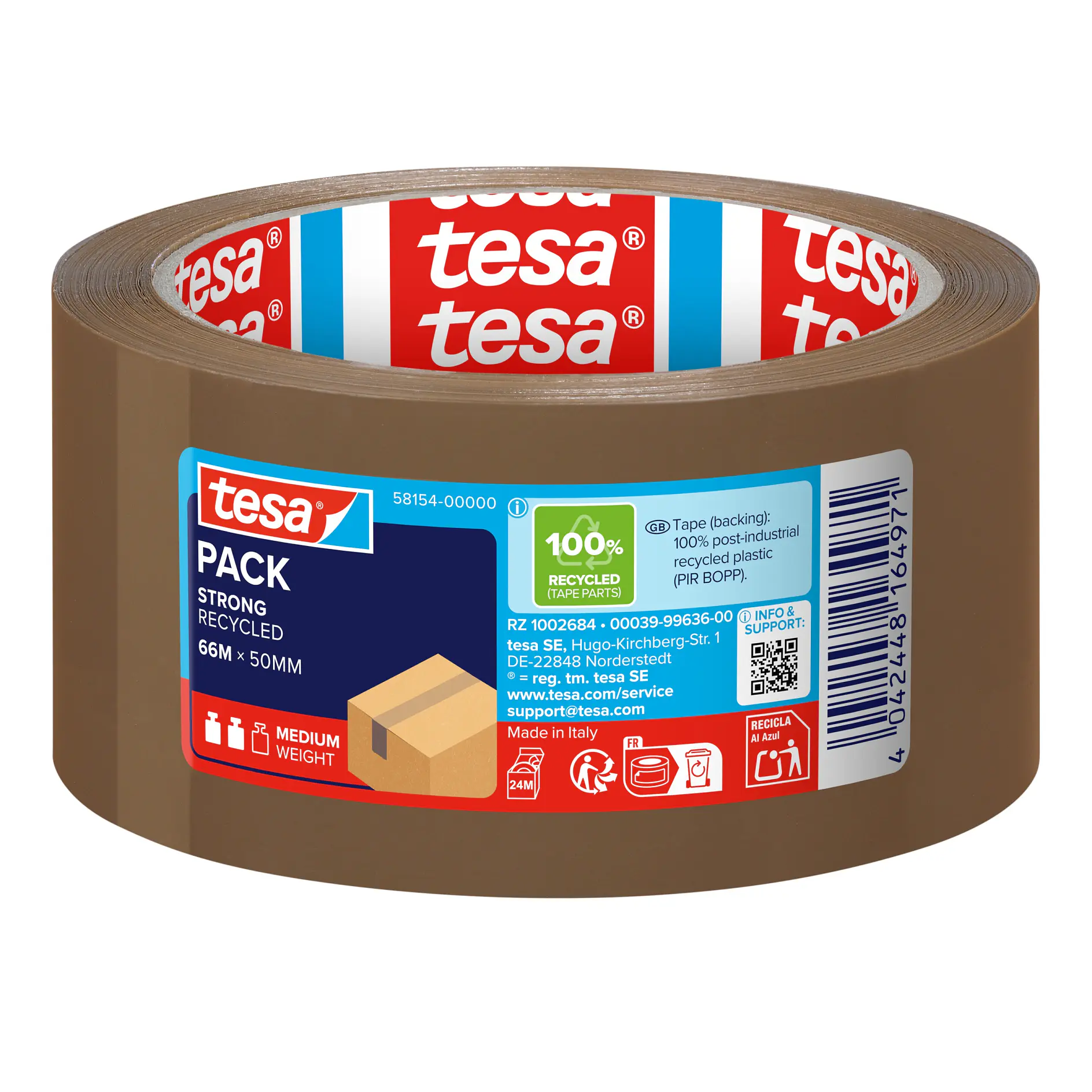 brown tesa packing tape roll with red and white tesa branding, barcode, and product information label on an indoor white background (This text has been generated by AI)