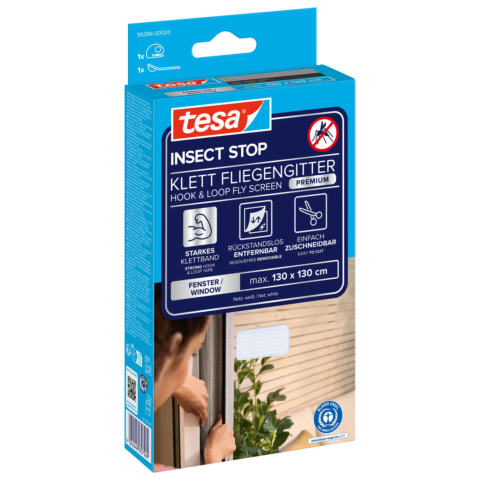 tesa insect stop hook and loop fly screen packaging showing product use on a window with a person installing it indoors (This text has been generated by AI)