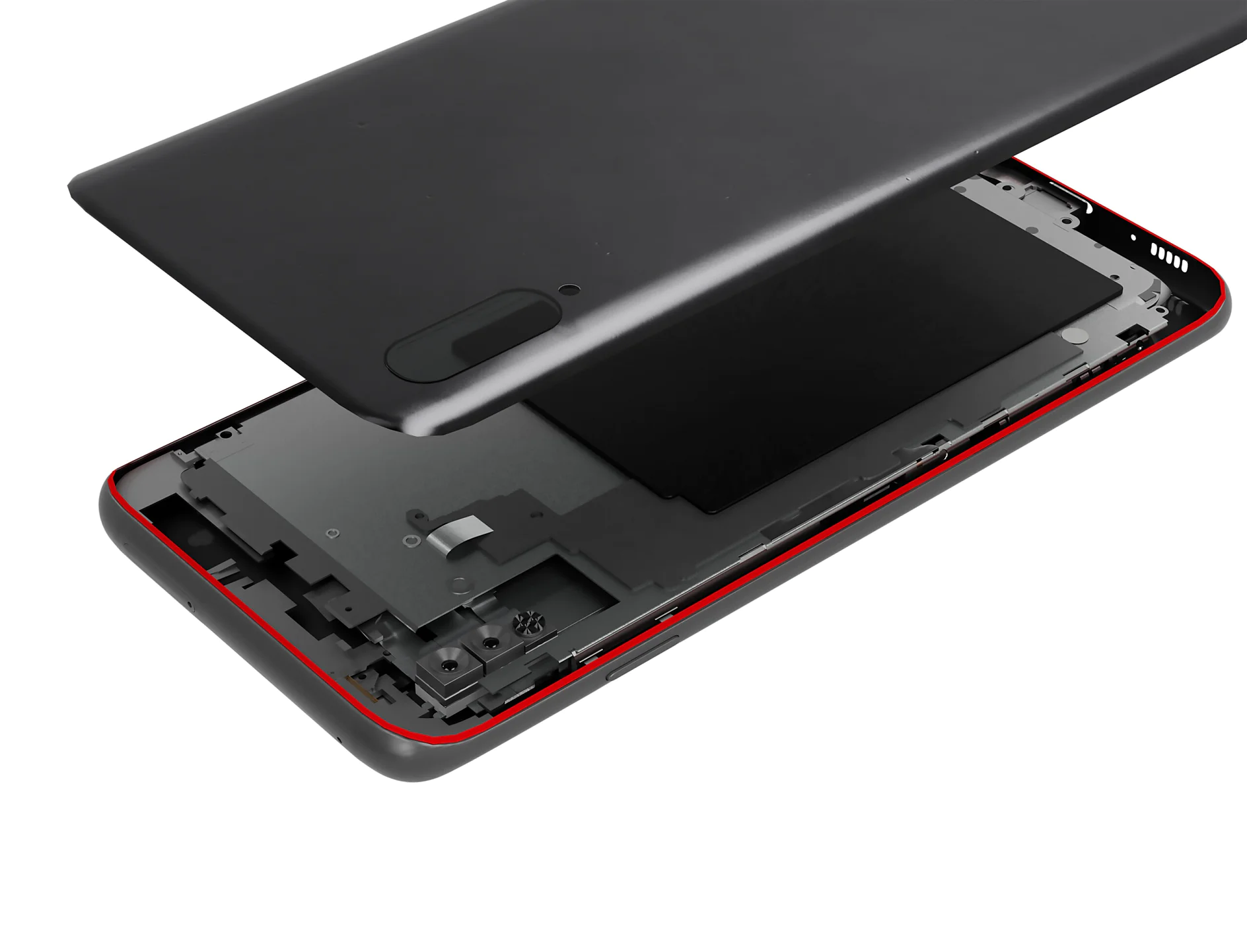 smartphone avec cadre rouge partiellement démonté, montrant les composants internes et la coque arrière soulevée, en intérieur sur fond blanc (This text has been generated by AI)