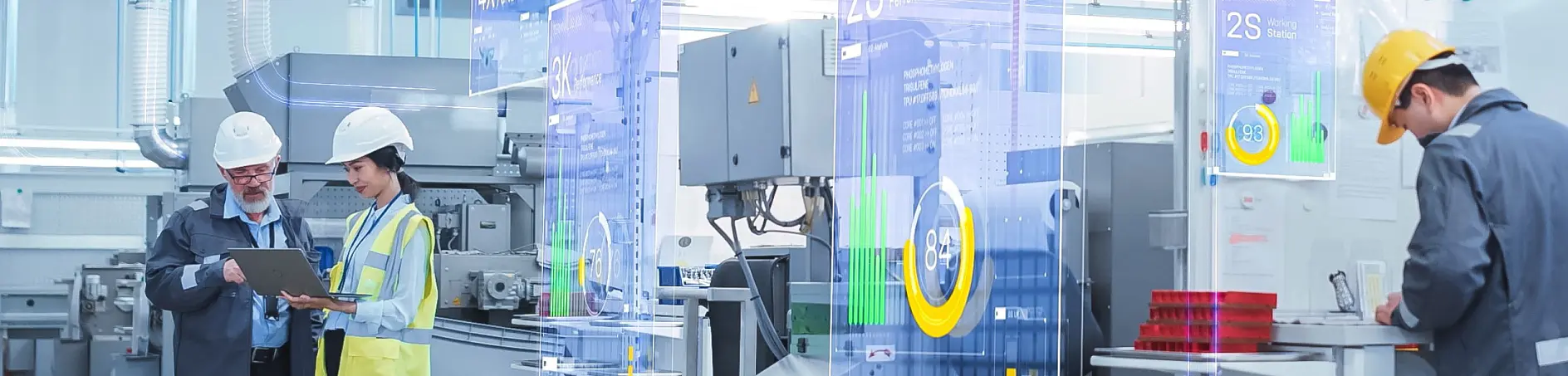 Trois personnes portant des casques et des gilets de sécurité travaillent dans une installation industrielle, utilisant du ruban adhésif tesa, des machines et des écrans de données numériques.