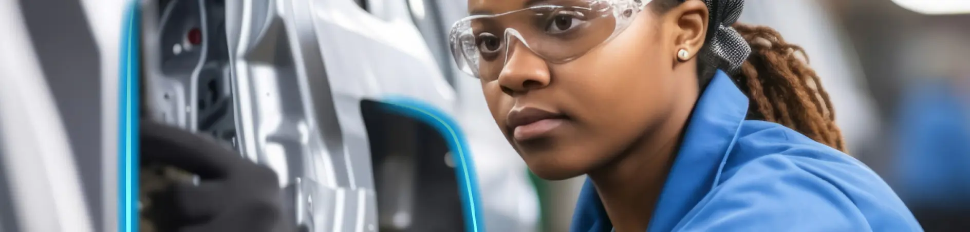 Une personne en uniforme bleu, portant des lunettes de sécurité et des gants, utilise du ruban adhésif tesa lors de l'inspection ou de l'assemblage d'une pièce de machine métallique.
