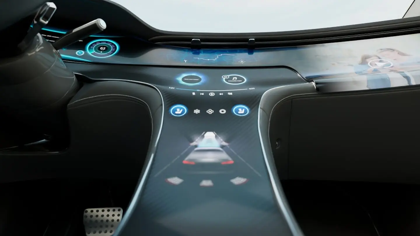 Car interior featuring a dashboard with embedded digital displays. Secured with tesa removable tape for residue-free bonding.