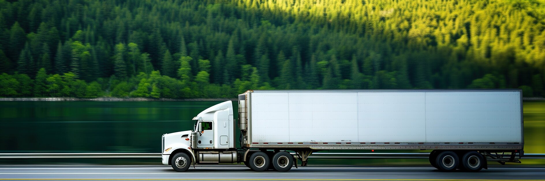 A white semi-truck with a long trailer moves along a highway bordered by a lush green forest. The background features a lake reflecting the trees, and the scene is set in daylight.